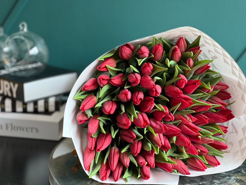 75 Red Tulips Hand-Crafted Bouquet