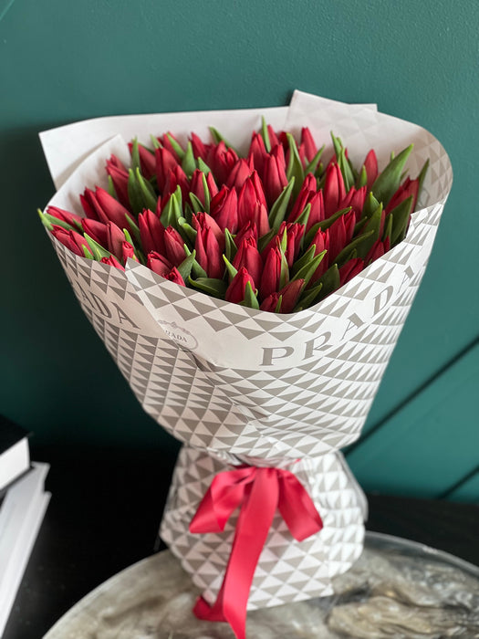 75 Red Tulips Hand-Crafted Bouquet