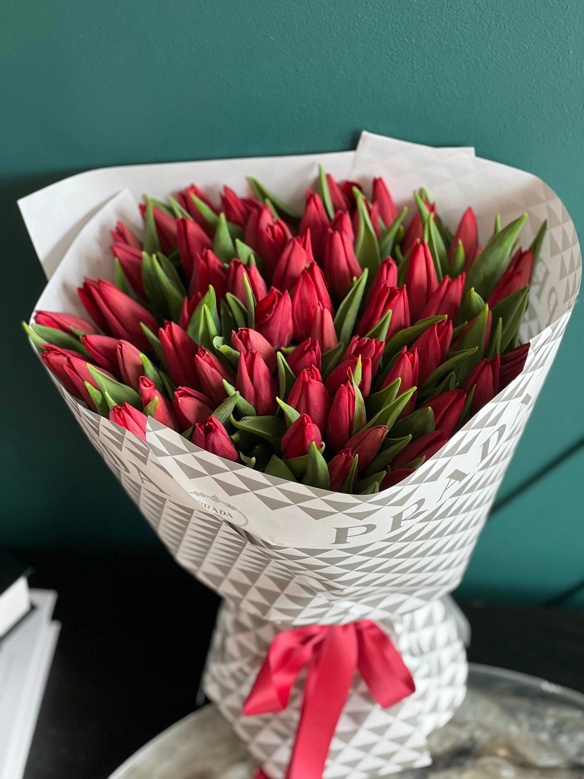 Luxury 75 Red Tulips Bouquet | Premium Handcrafted Romantic Arrangement buy online Luxury Flowers Miami