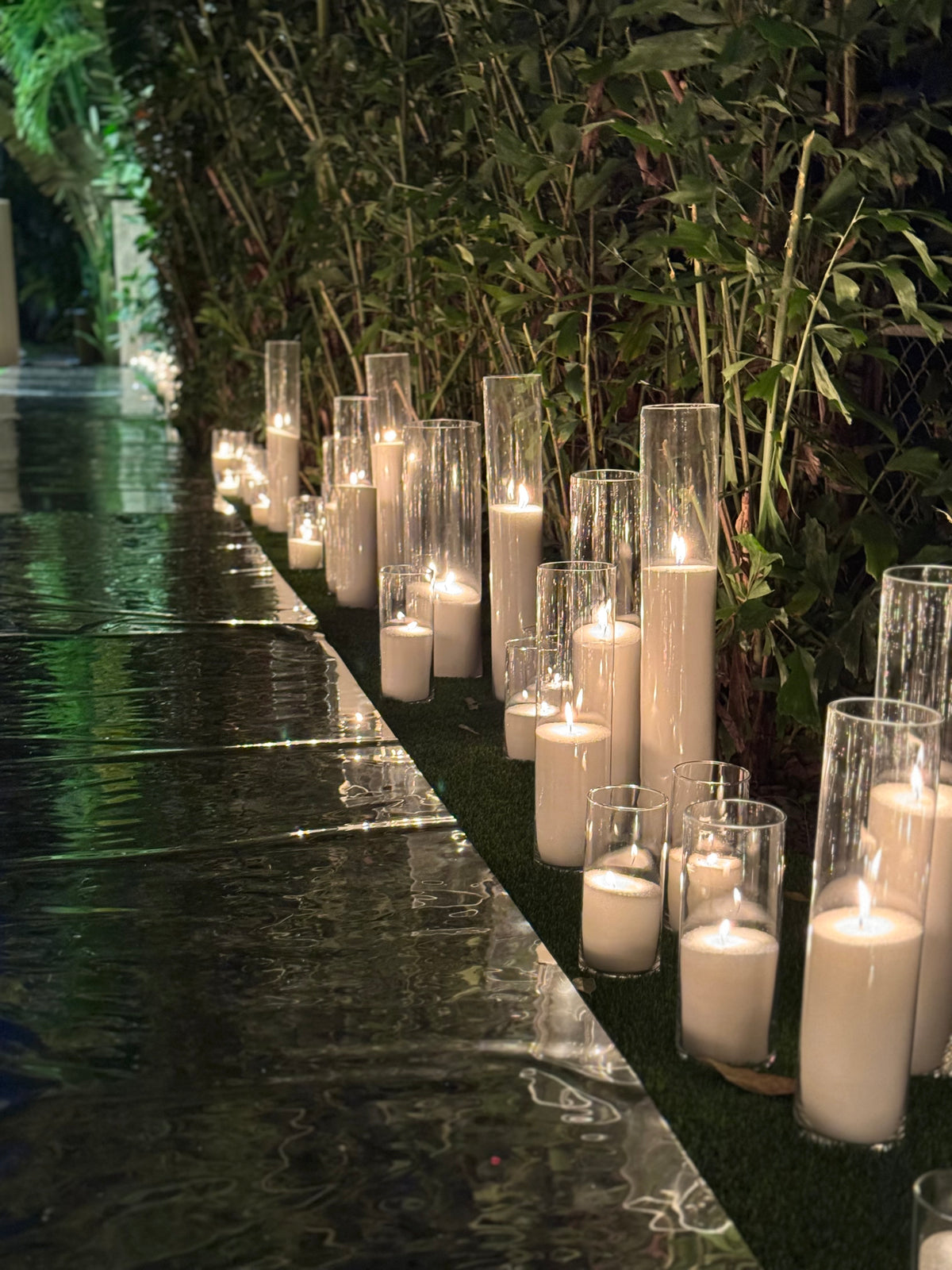 Romantic proposal setup in Miami with candle rentals, roses and flowers
