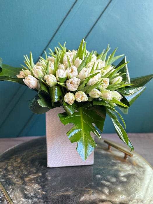 50 White Tulips In ceramic vase