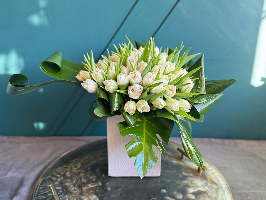 50 White Tulips In ceramic vase