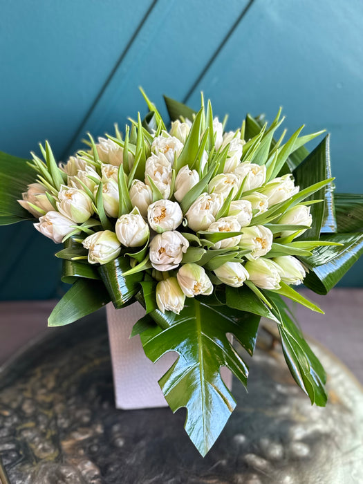 50 White Tulips In ceramic vase