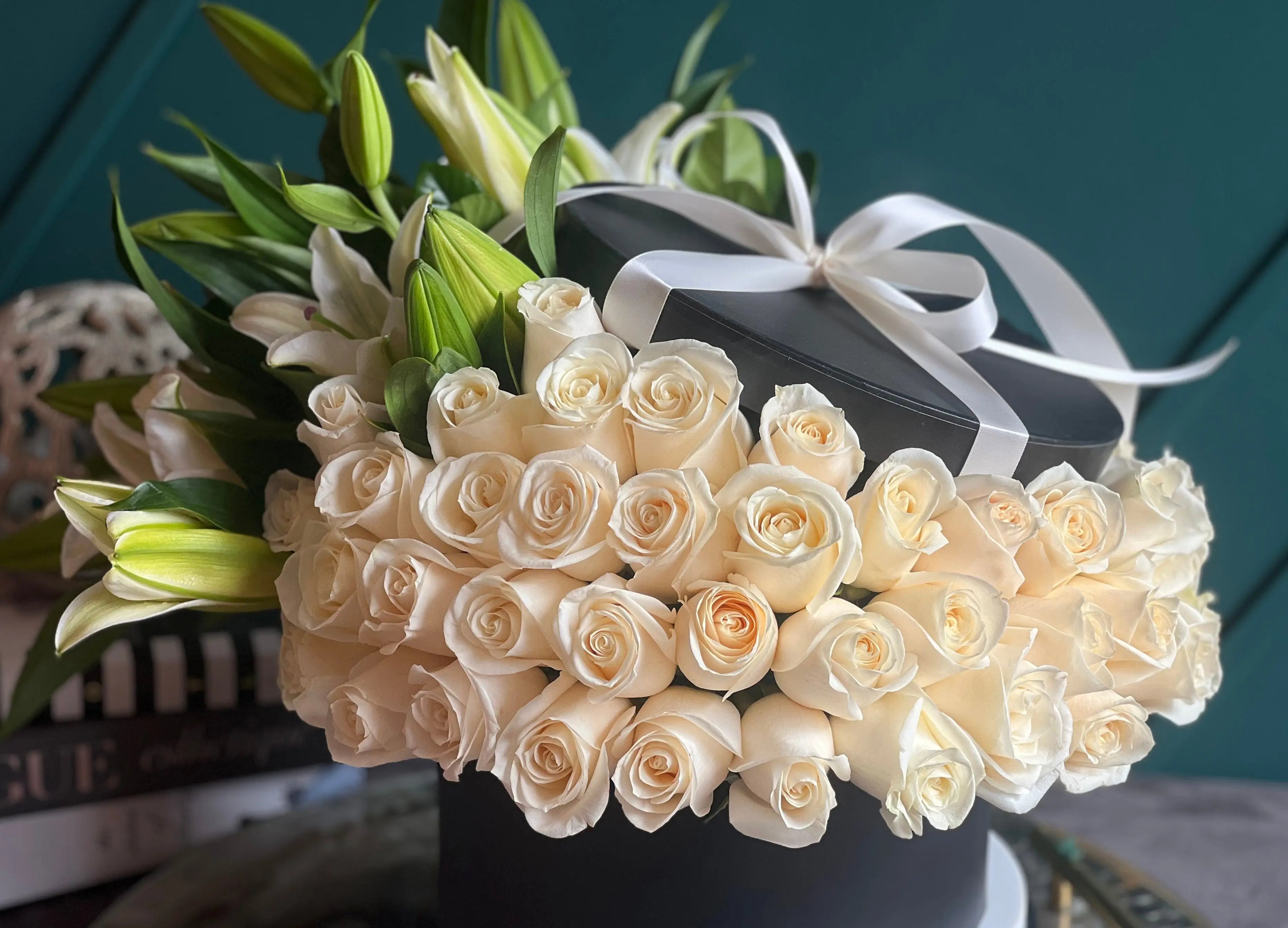 75 White Roses & Fragrant Lilies in Black Luxury Box buy online Luxury Flowers Miami