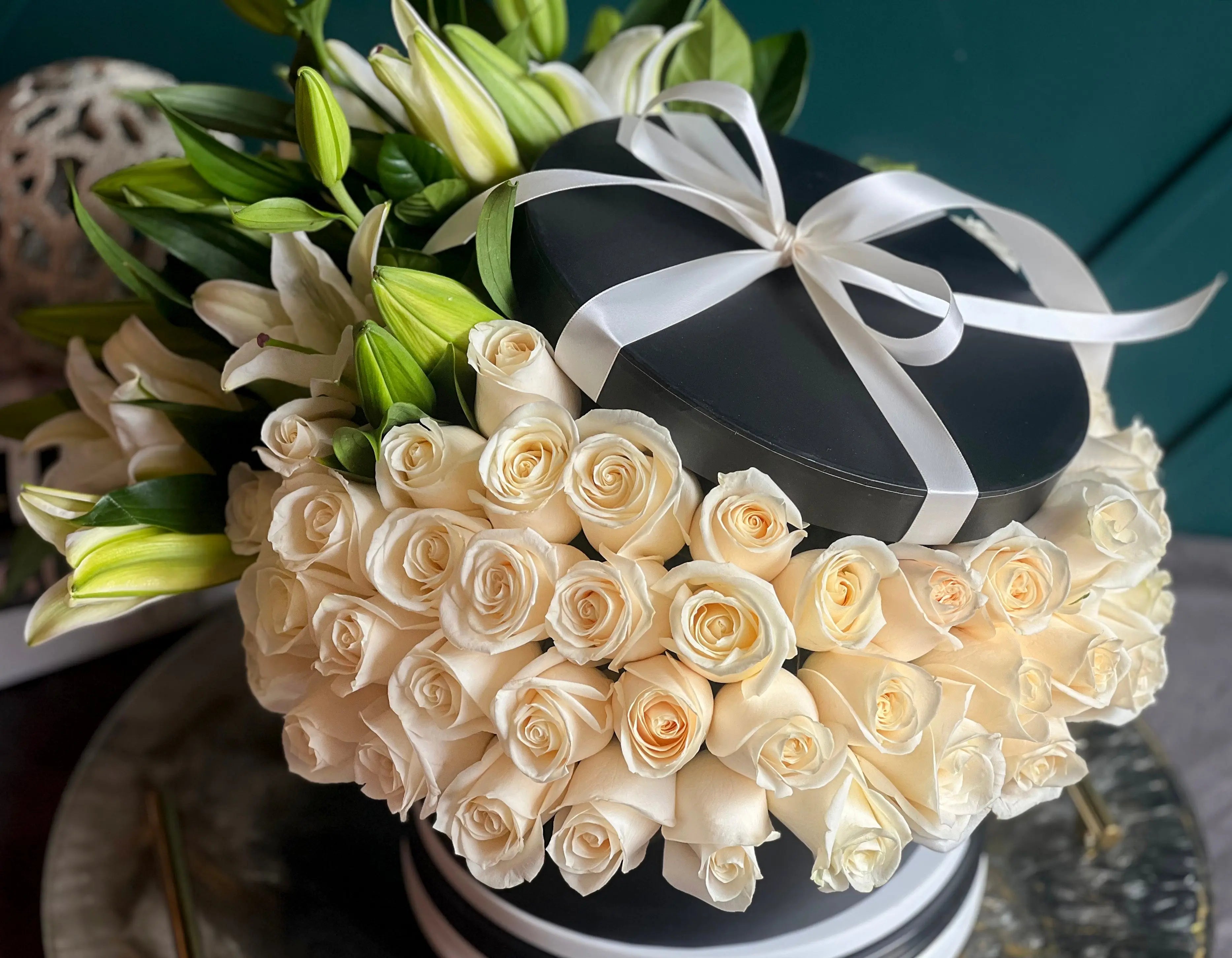 75 White Roses & Fragrant Lilies in Black Luxury Box buy online Luxury Flowers Miami