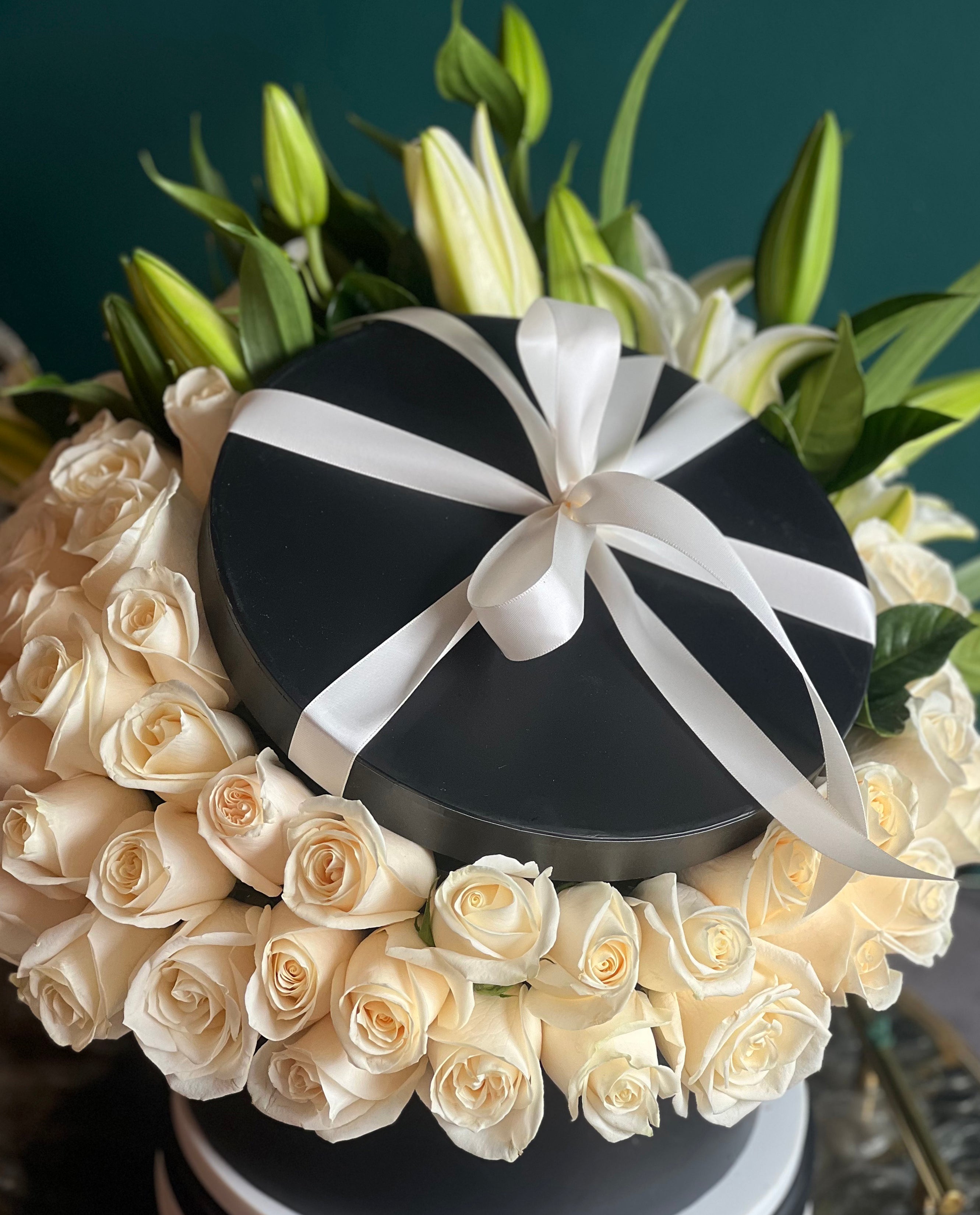 75 White Roses & Fragrant Lilies in Black Luxury Box