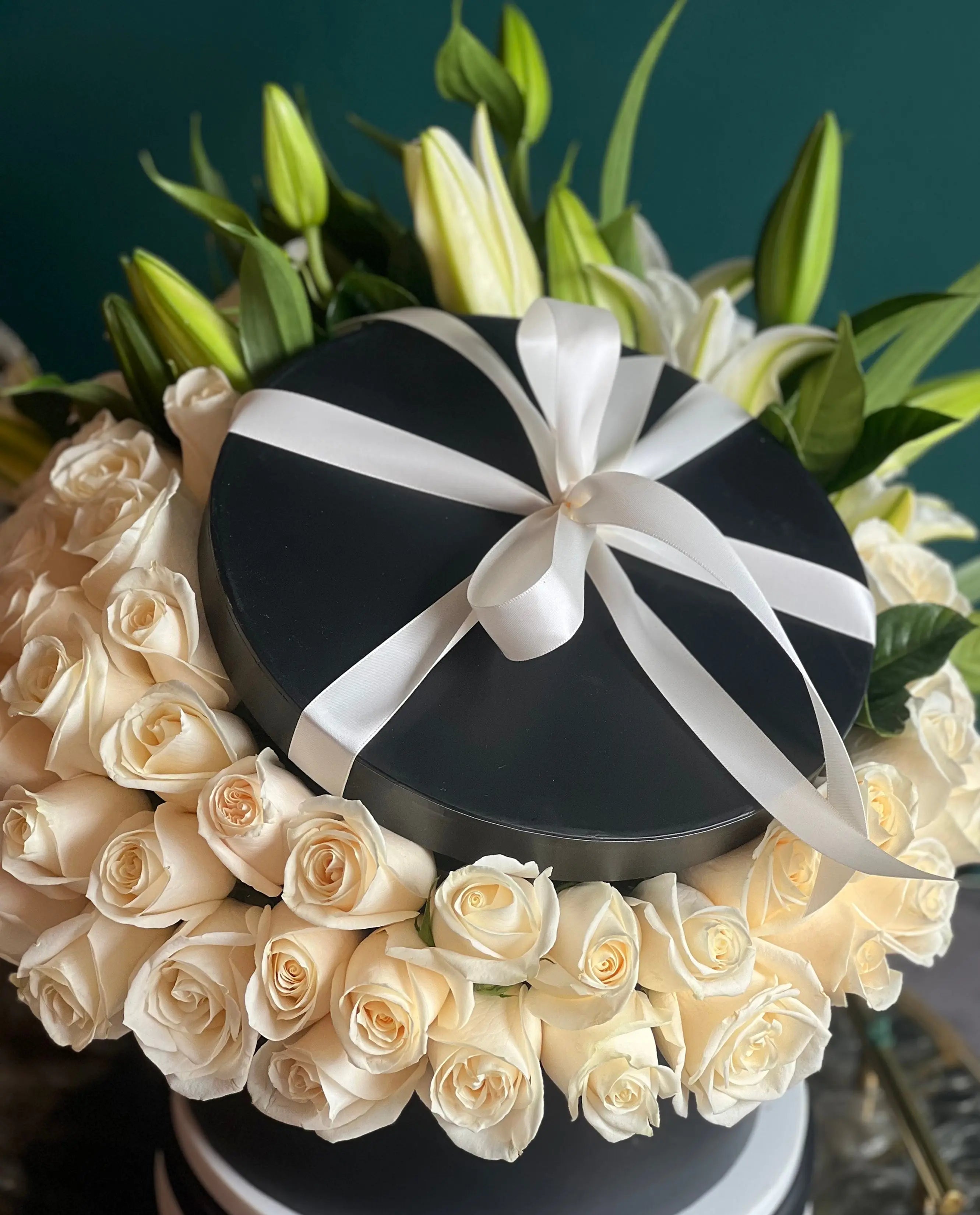 75 White Roses & Fragrant Lilies in Black Luxury Box buy online Luxury Flowers Miami