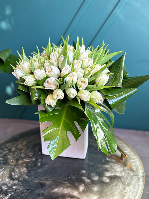 50 White Tulips In ceramic vase