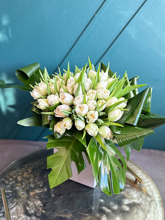 50 White Tulips In ceramic vase
