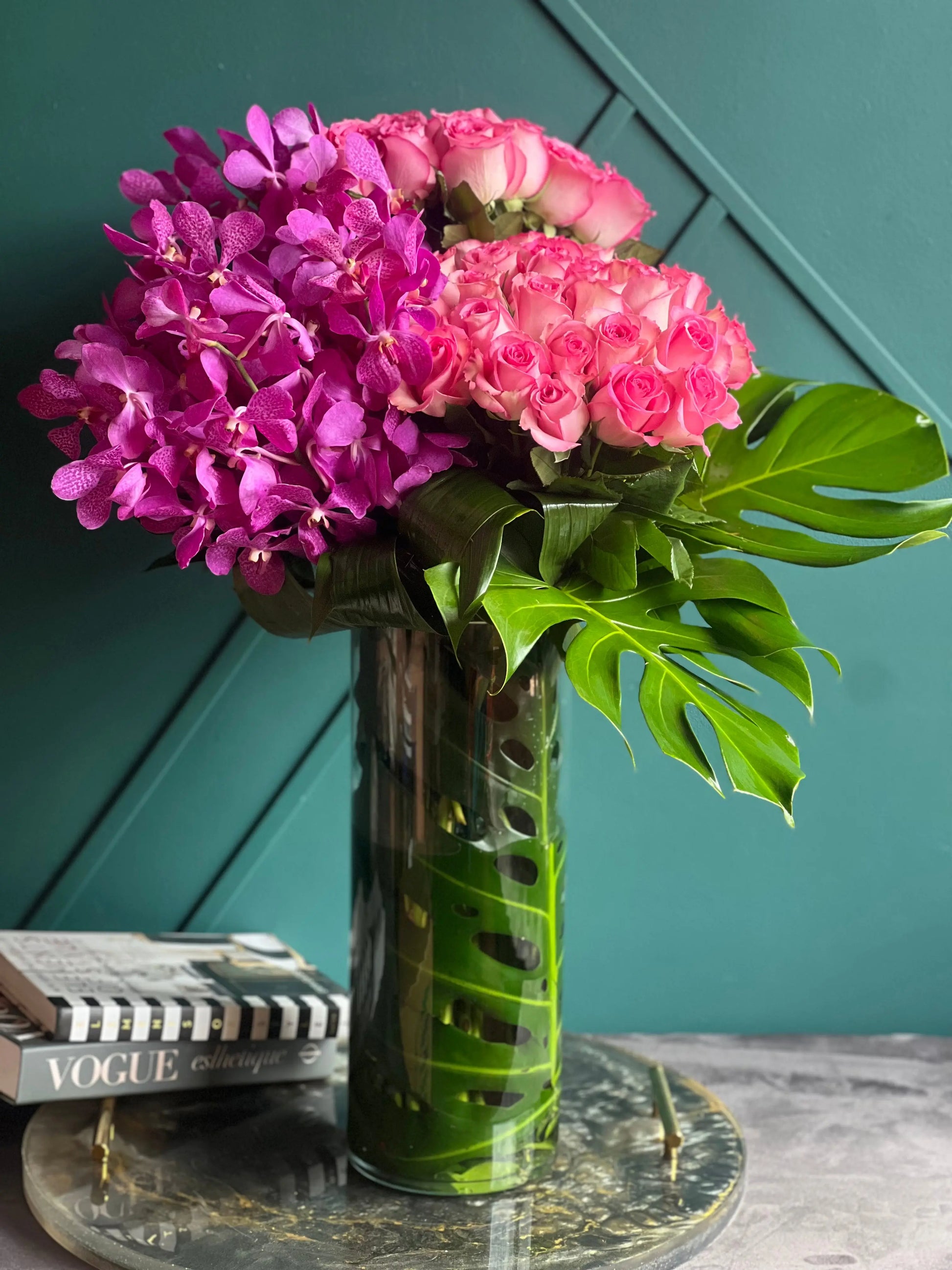 Roses & Mokara Orchids Arrangement | Luxury Tropical Floral Design buy online Luxury Flowers Miami