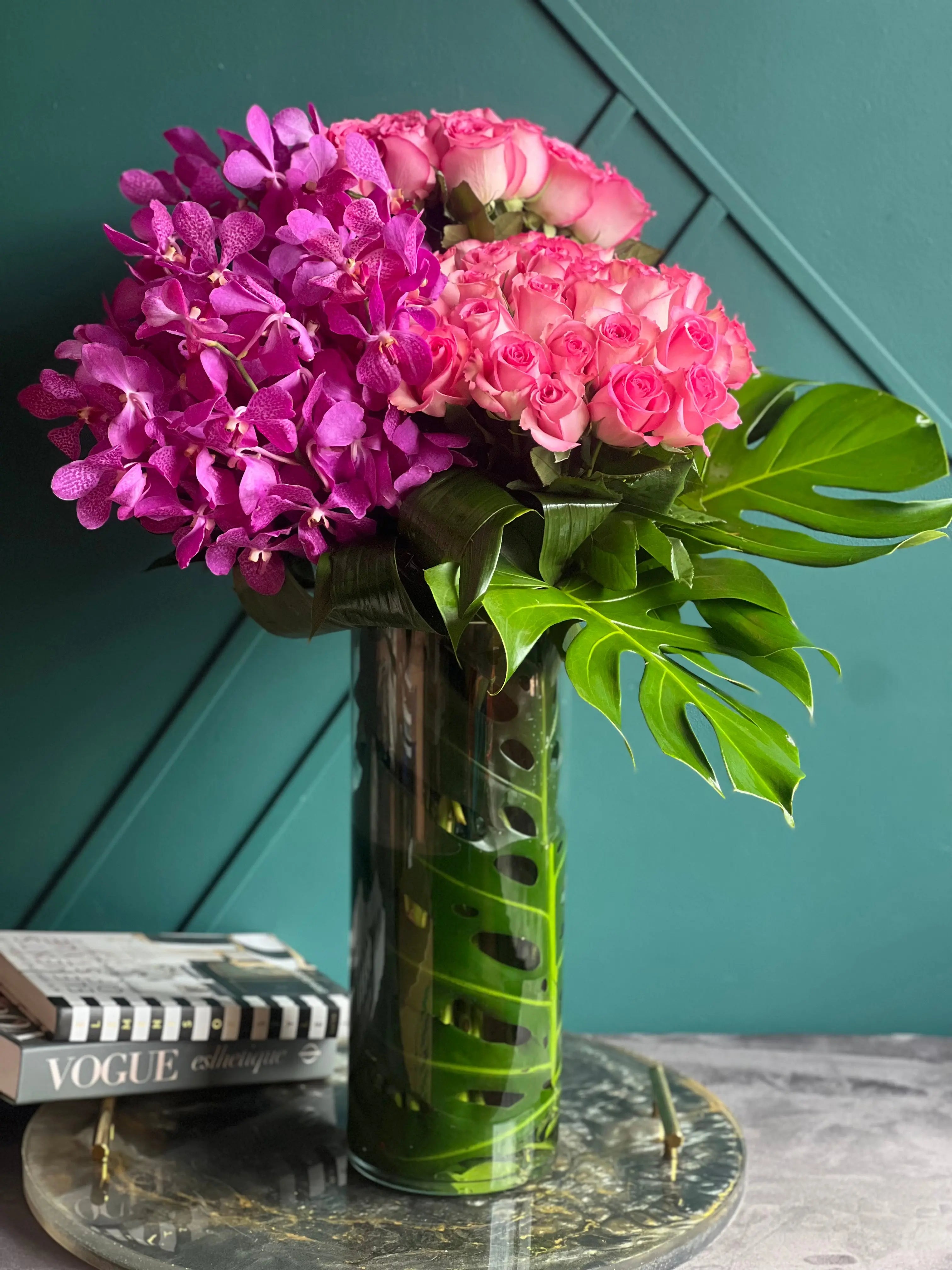 Roses & Mokara Orchids Arrangement | Luxury Tropical Floral Design buy online Luxury Flowers Miami