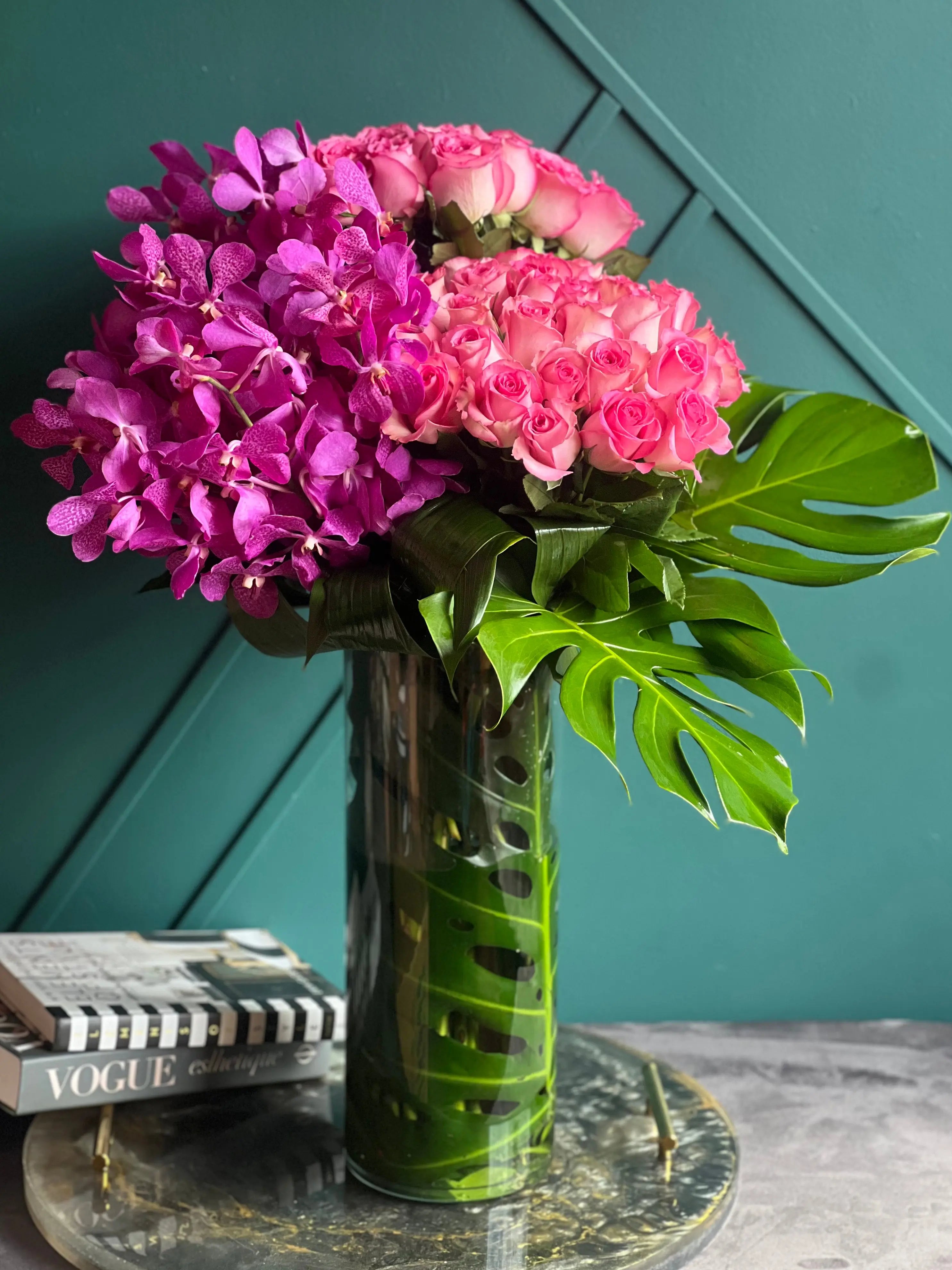 Roses & Mokara Orchids Arrangement | Luxury Tropical Floral Design buy online Luxury Flowers Miami
