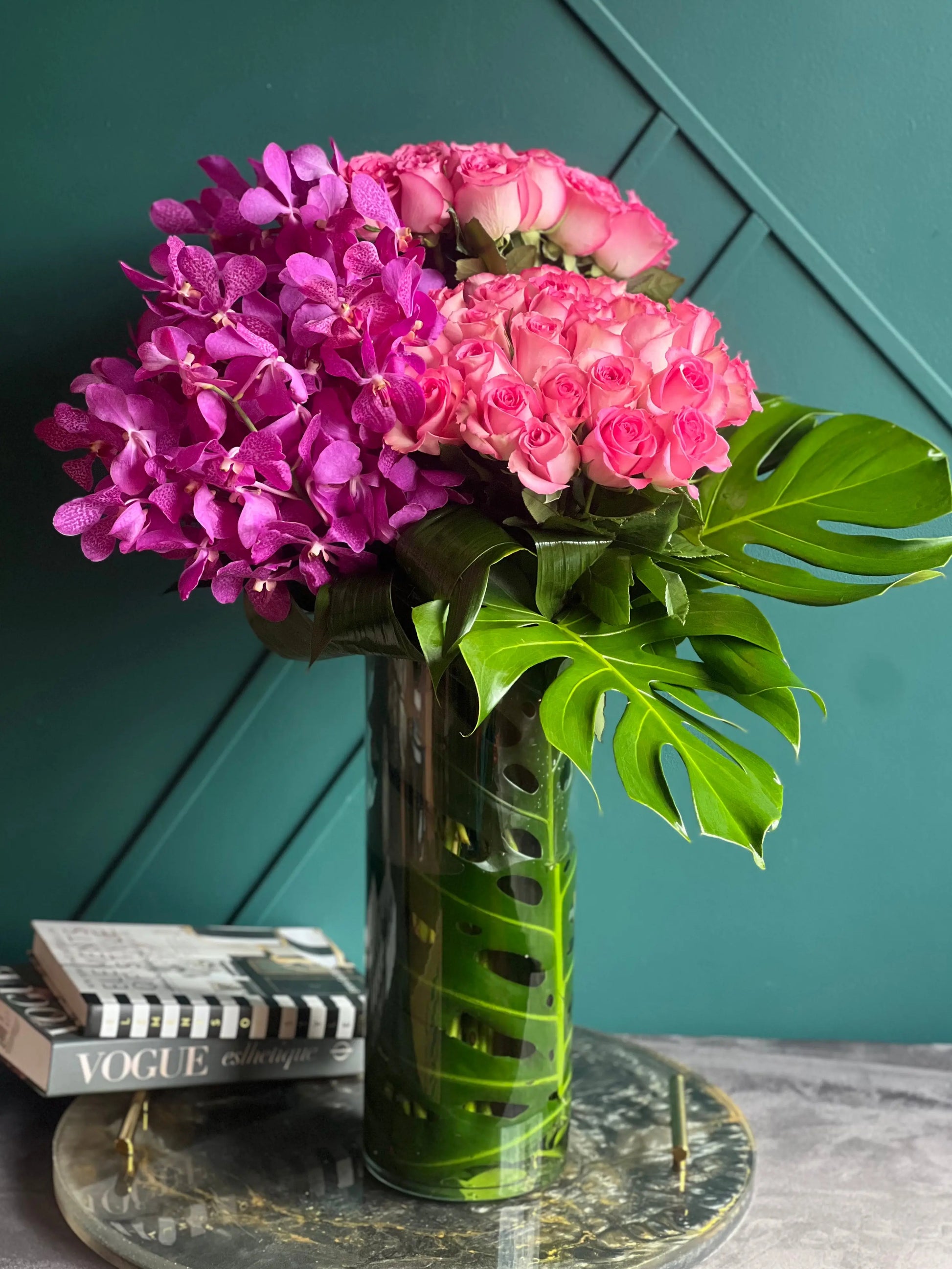Roses & Mokara Orchids Arrangement | Luxury Tropical Floral Design buy online Luxury Flowers Miami