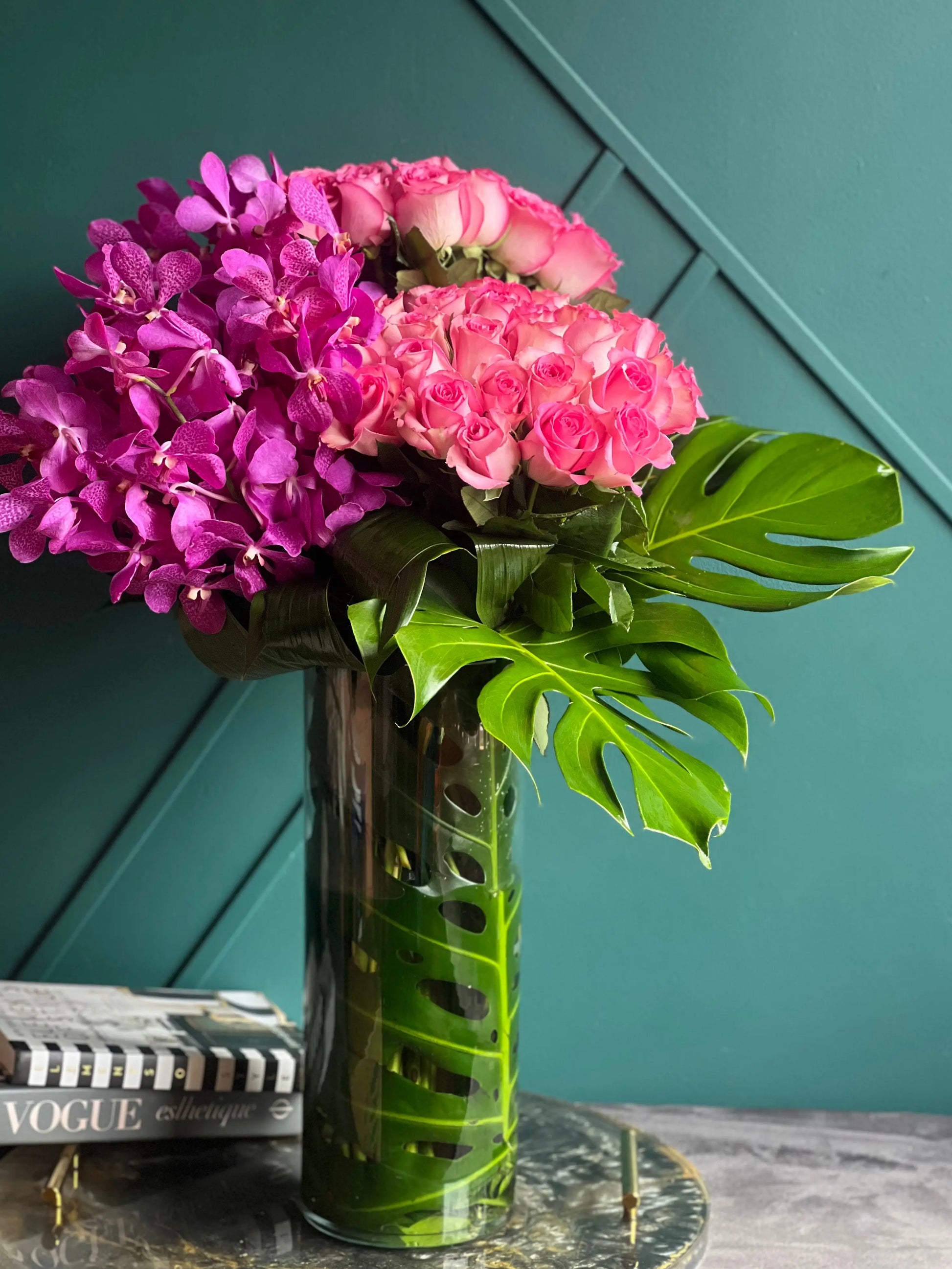 Roses & Mokara Orchids Arrangement | Luxury Tropical Floral Design buy online Luxury Flowers Miami