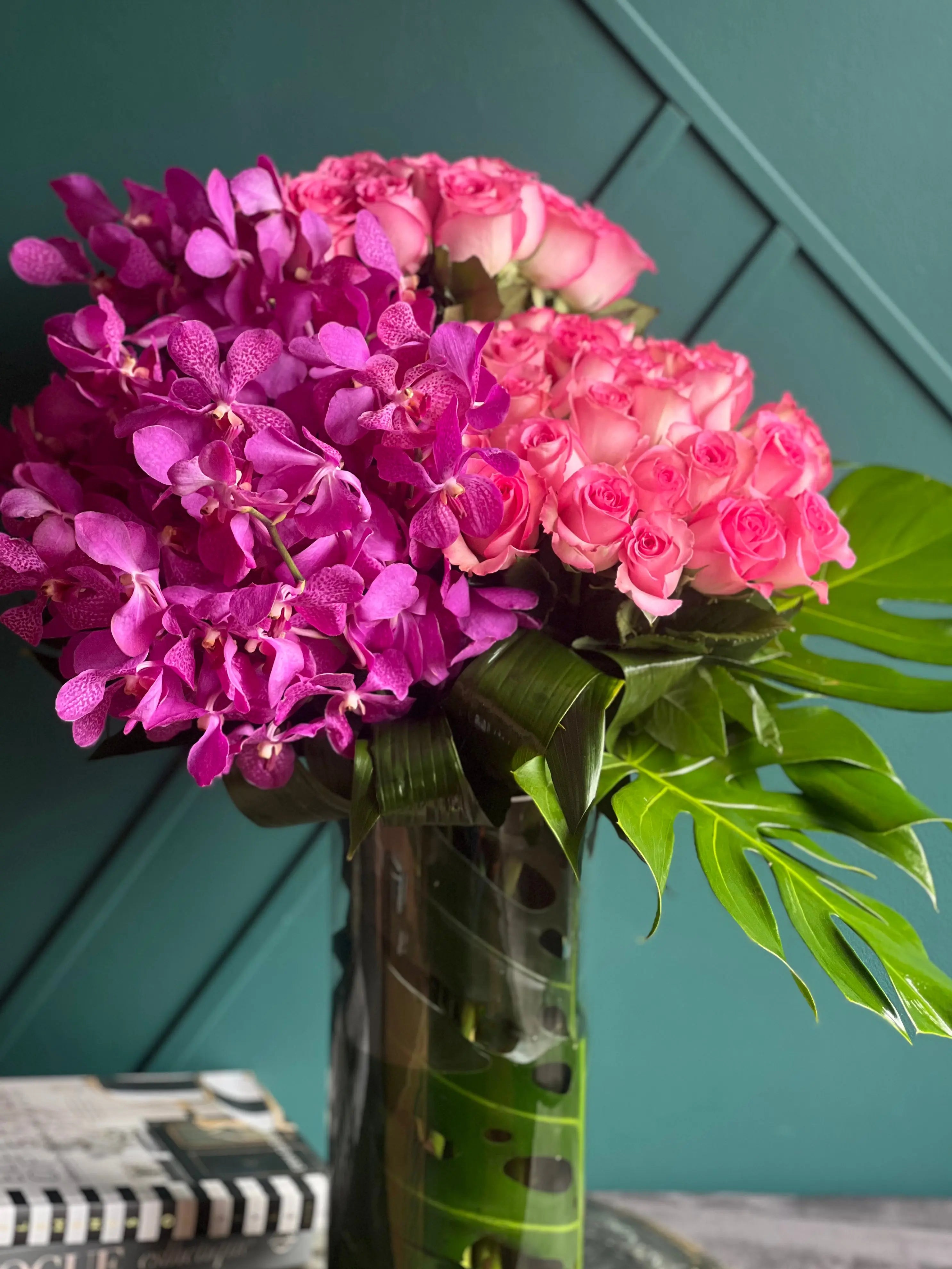 Roses & Mokara Orchids Arrangement | Luxury Tropical Floral Design buy online Luxury Flowers Miami