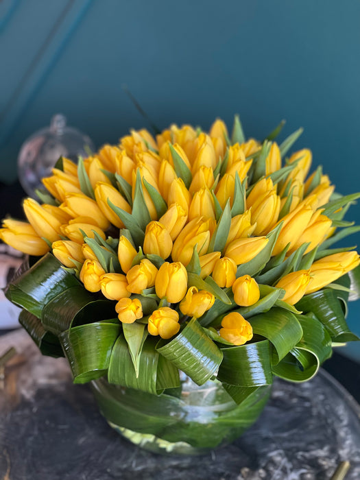 100 Yellow Tulips in Clear Vase
