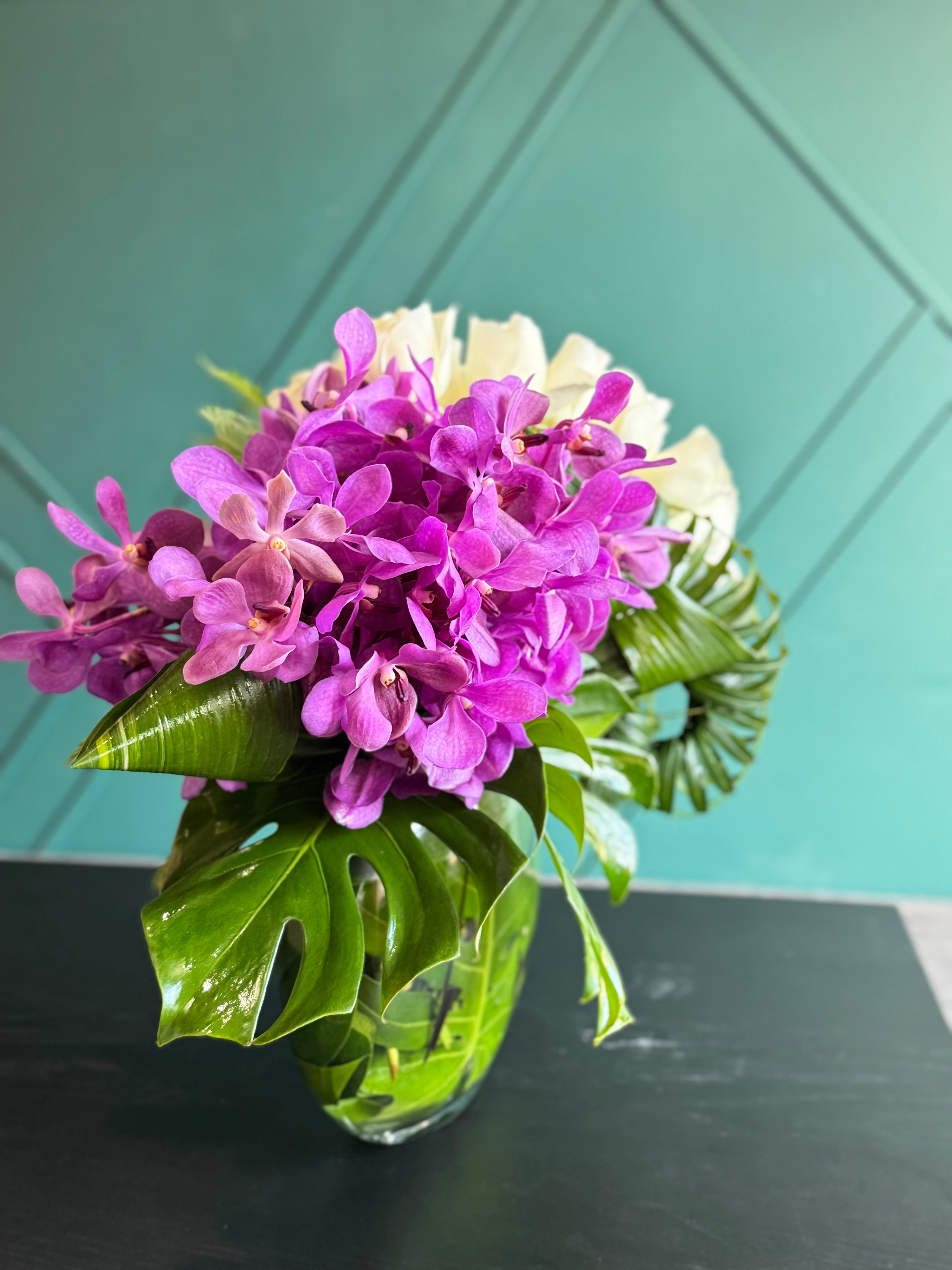50 White Roses & Mokara Orchids Luxury Arrangement