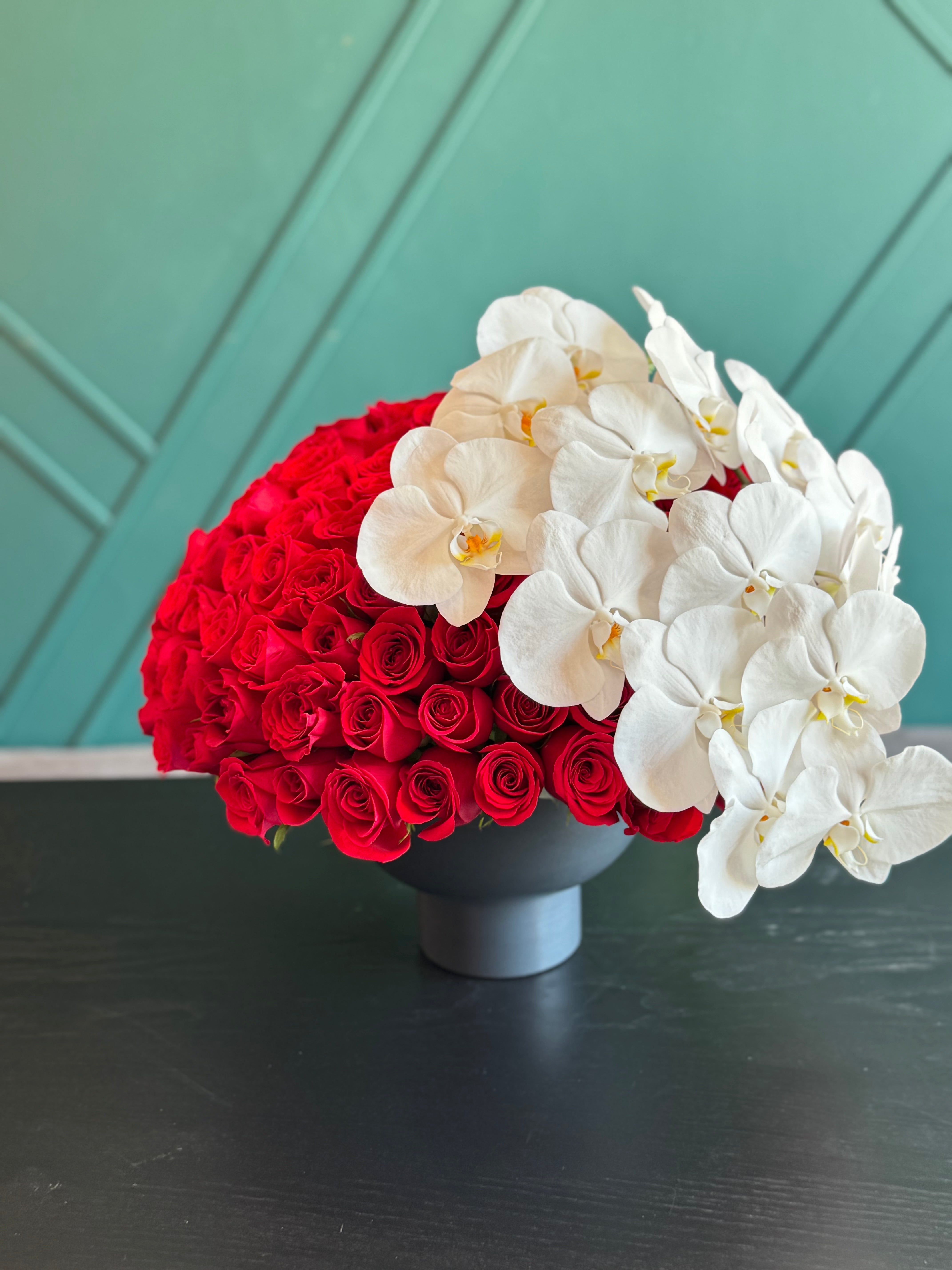150 Red Roses & White Phalaenopsis Luxury Arrangement