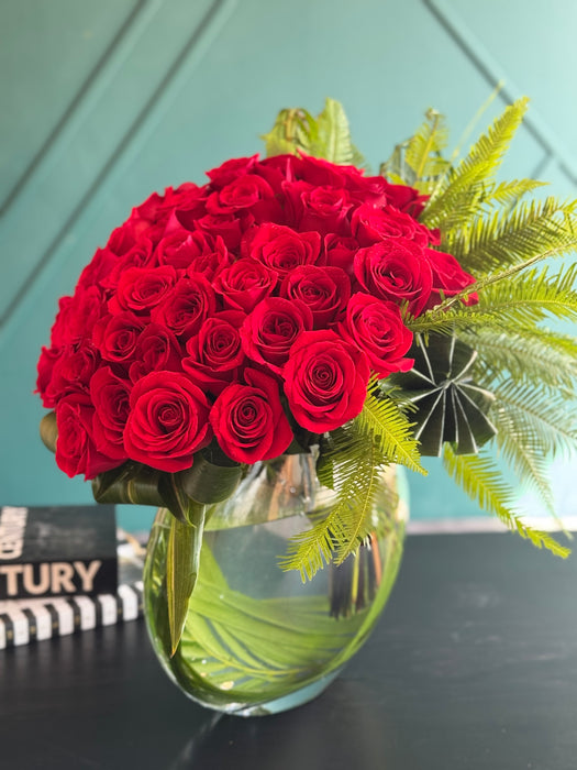 50 roses in modern "moon" vase