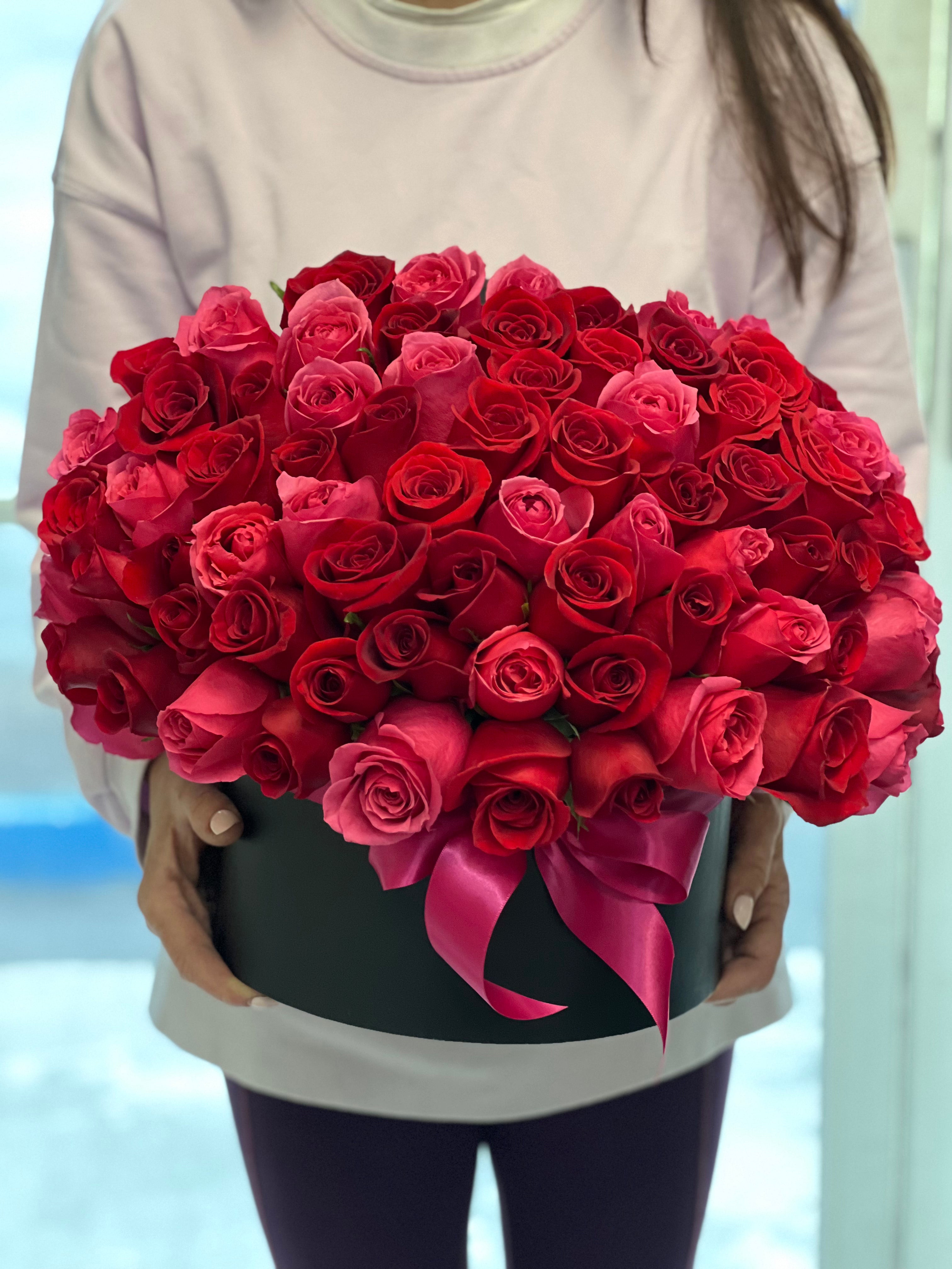 75 roses Miami in red and vibrant hot pink colors
