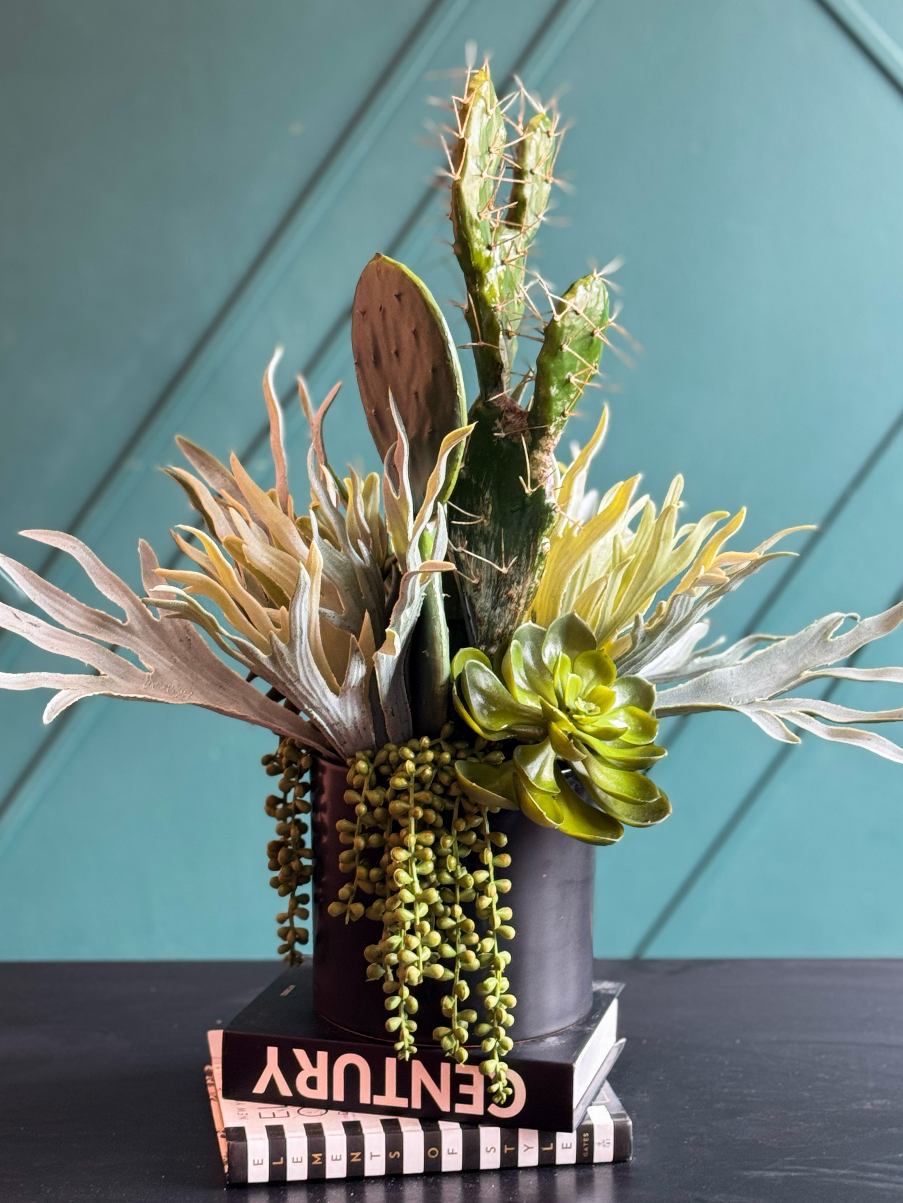 Modern Artificial Cactus & Succulent Arrangement in Black Planter