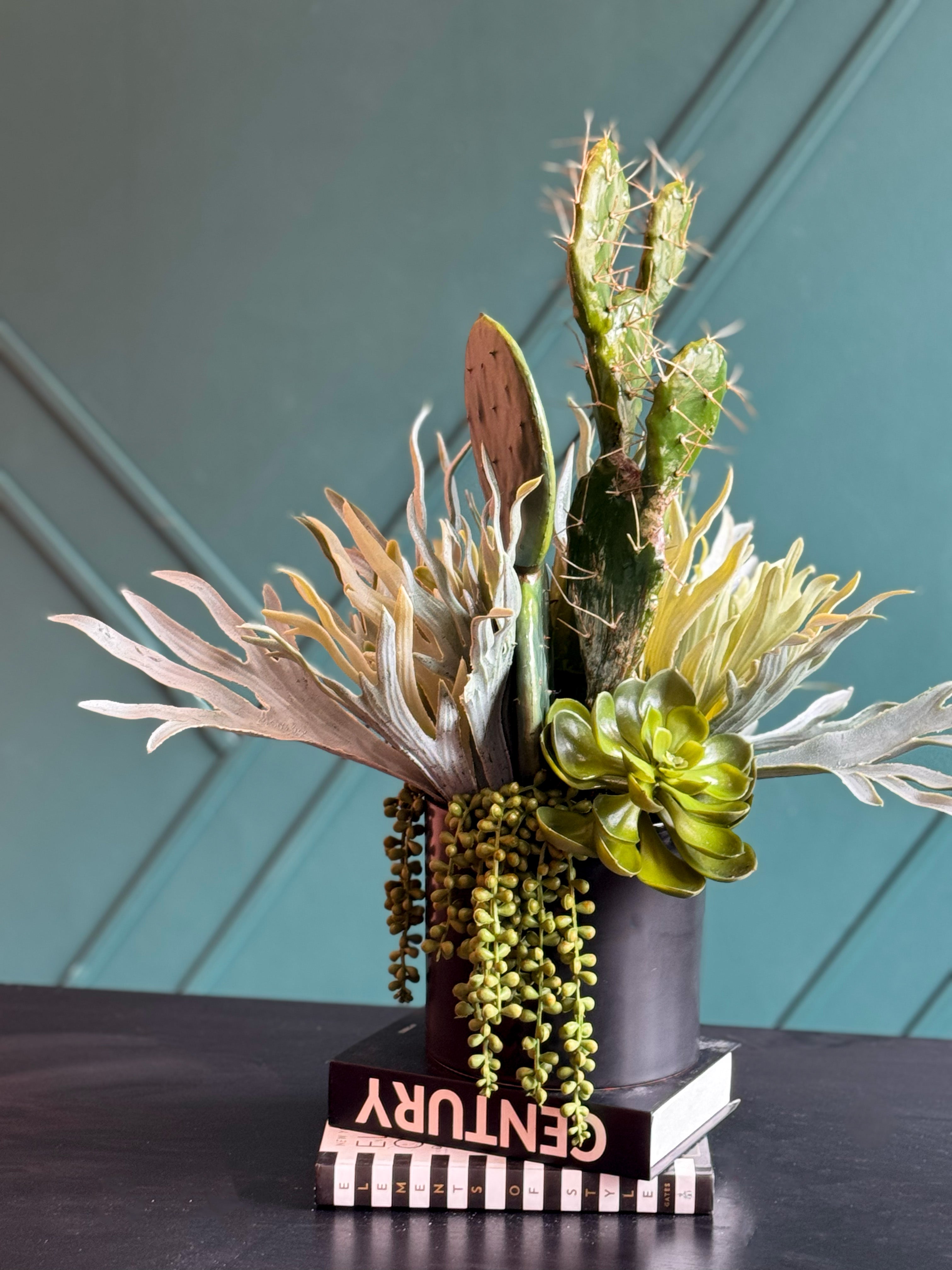 Modern Artificial Cactus & Succulent Arrangement in Black Planter