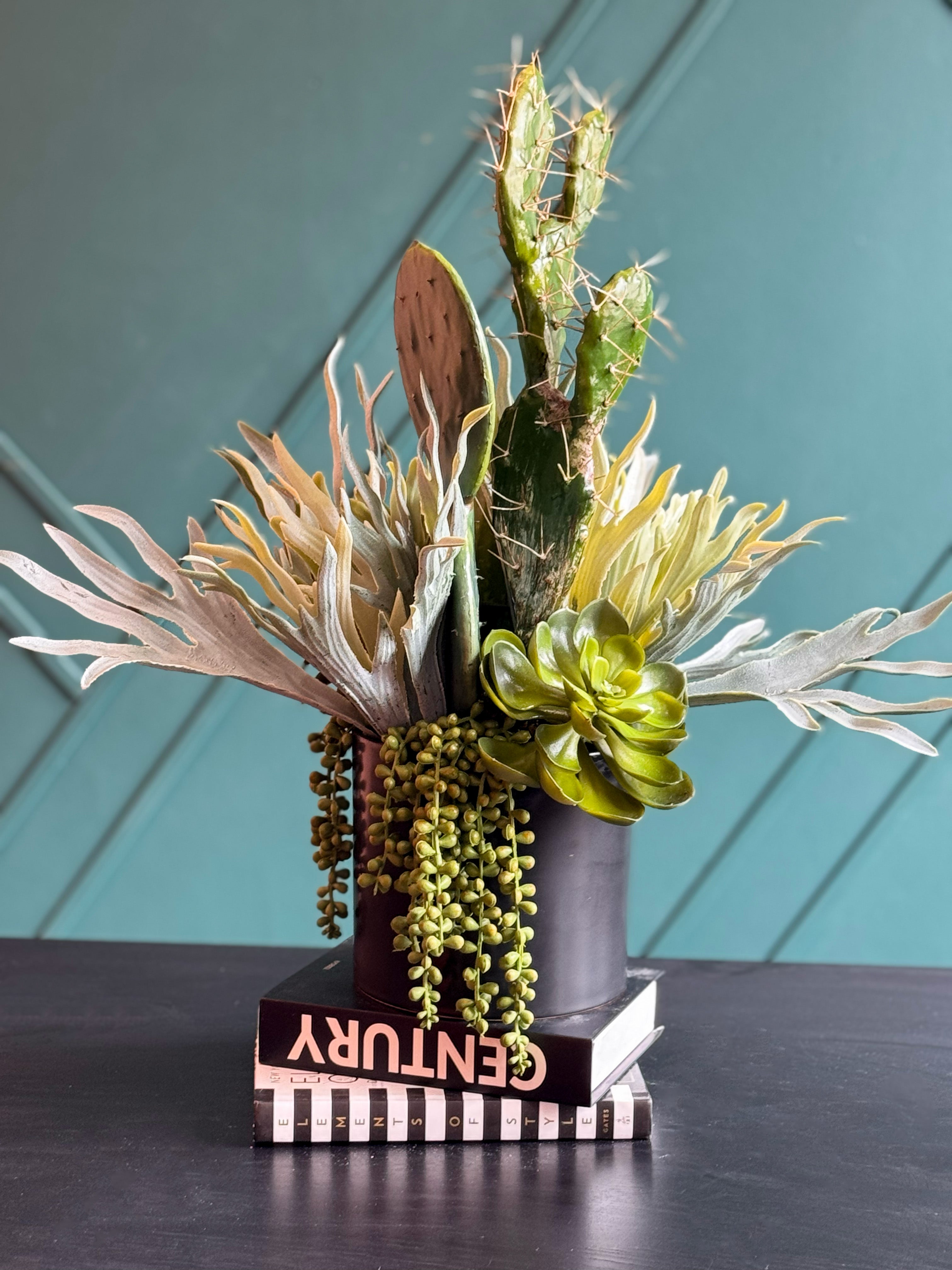 Modern Artificial Cactus & Succulent Arrangement in Black Planter