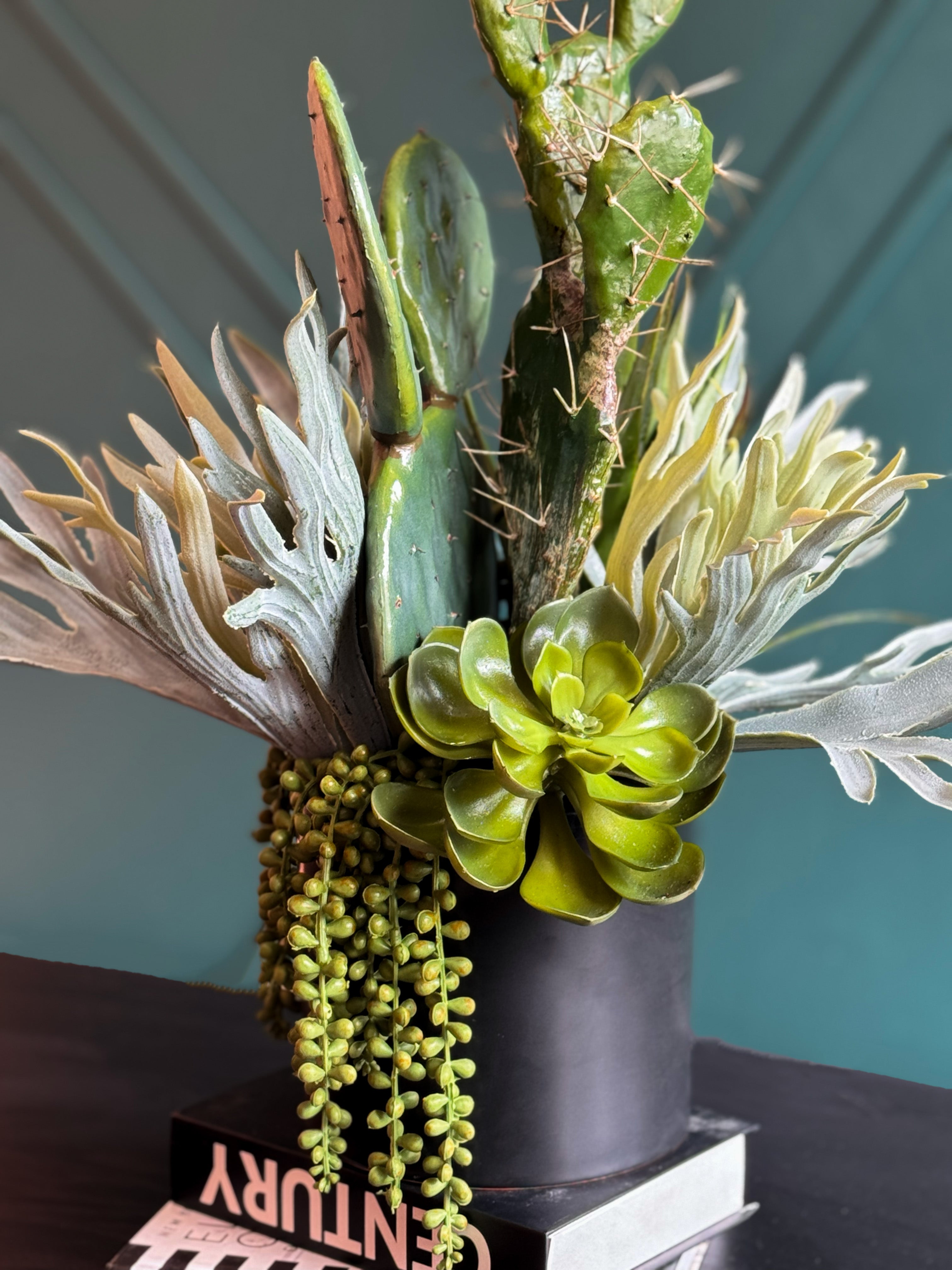 Modern Artificial Cactus & Succulent Arrangement in Black Planter