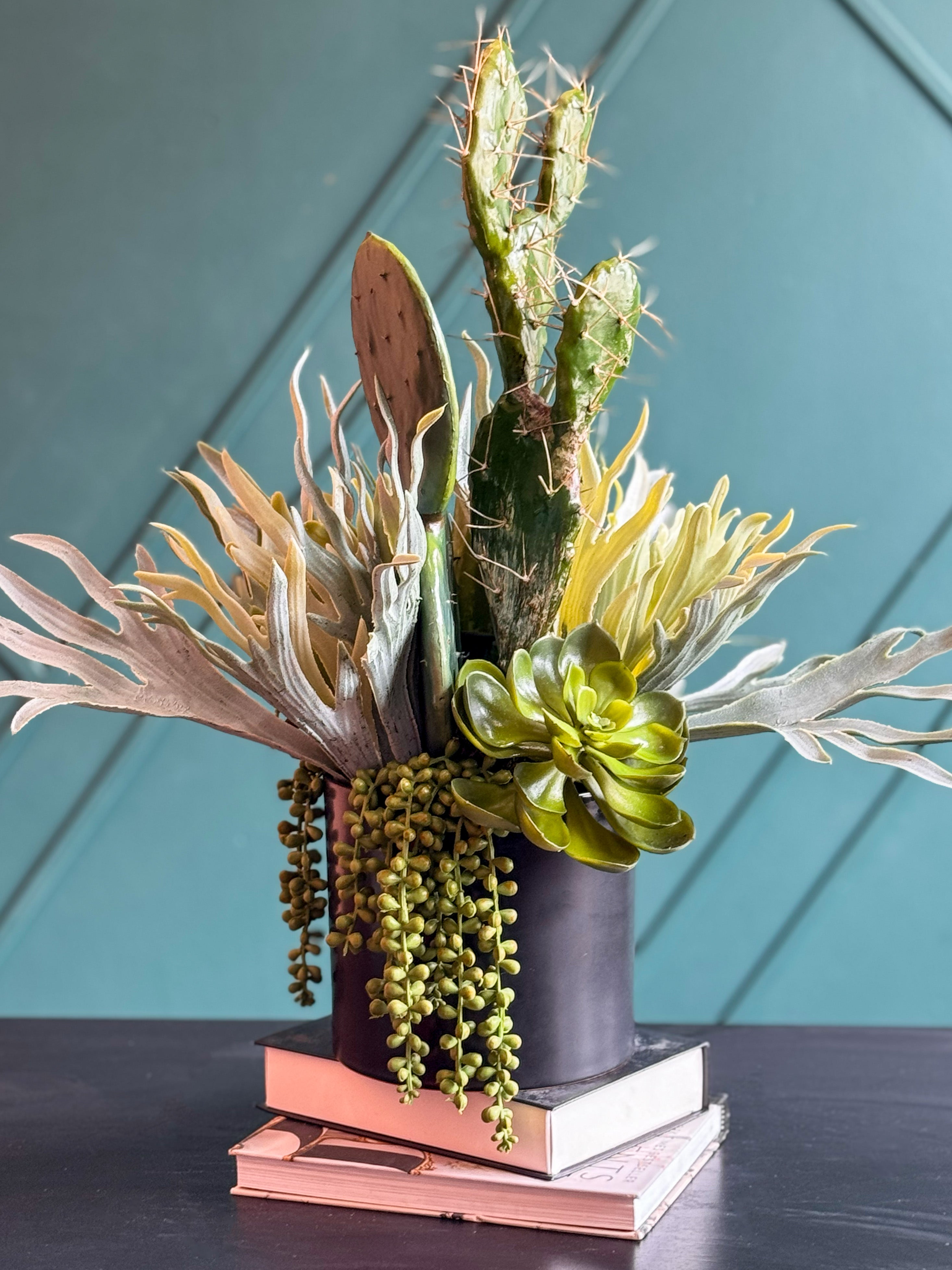 Modern Artificial Cactus & Succulent Arrangement in Black Planter