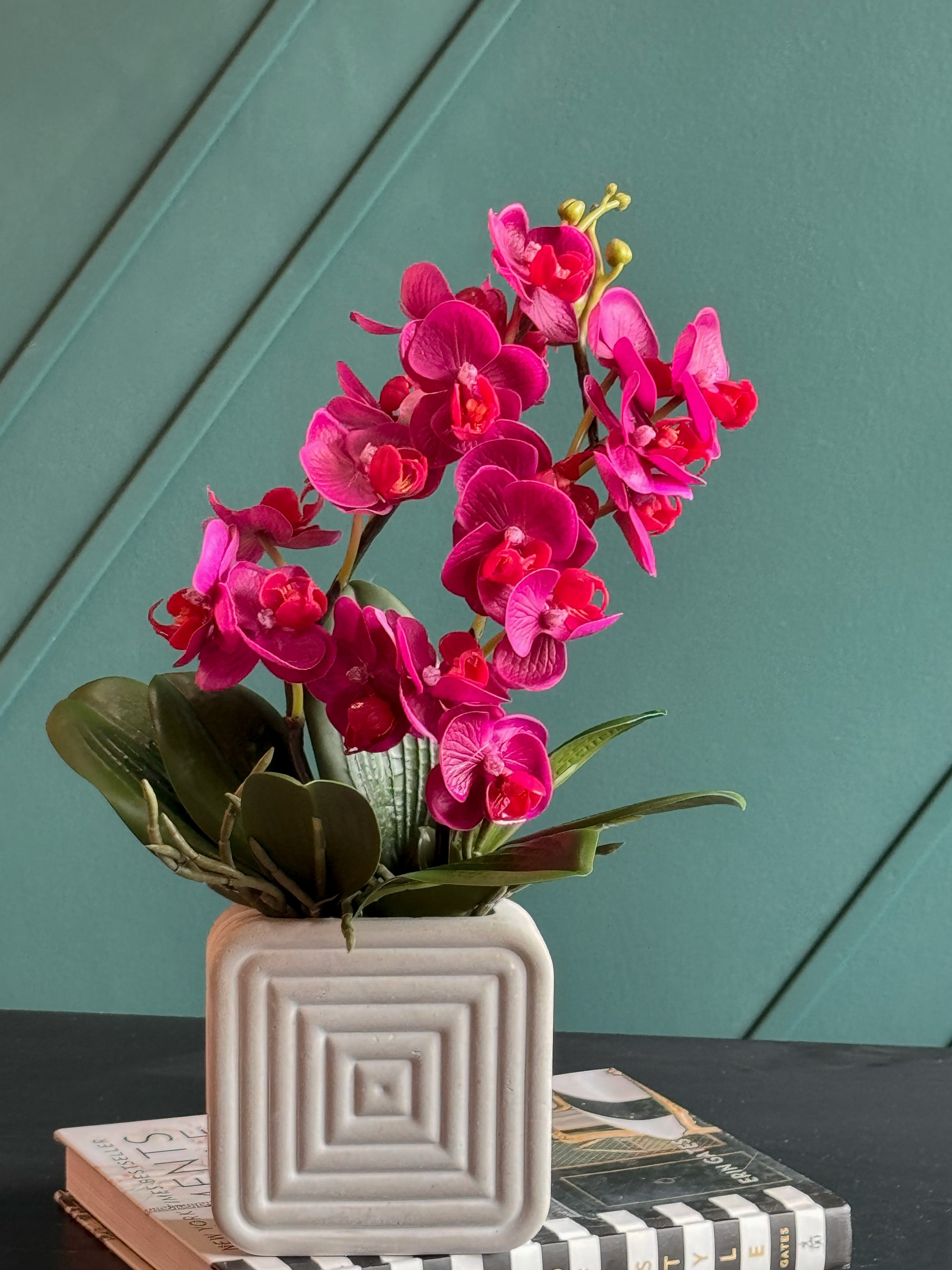 Artificial Fuchsia Orchid Arrangement in Modern Concrete Planter