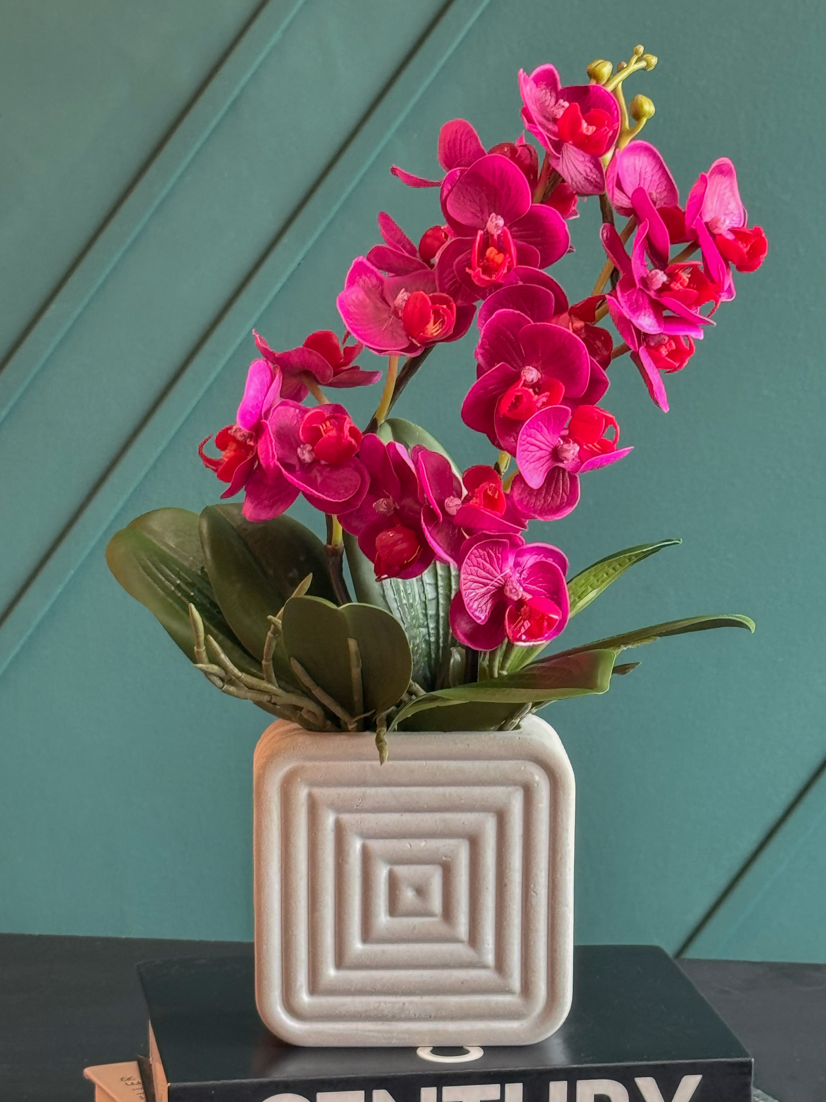 Artificial Fuchsia Orchid Arrangement in Modern Concrete Planter