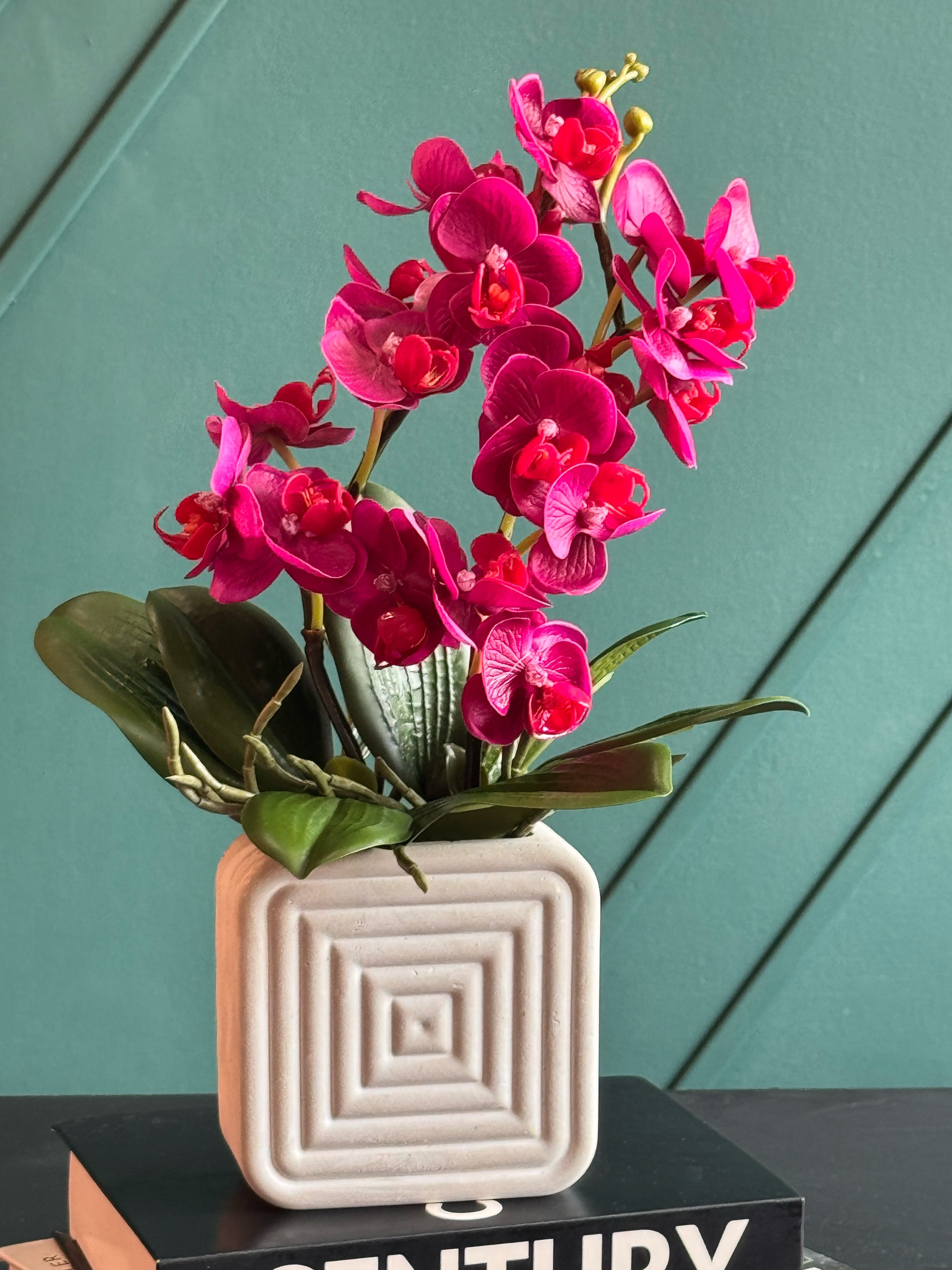 Artificial Fuchsia Orchid Arrangement in Modern Concrete Planter
