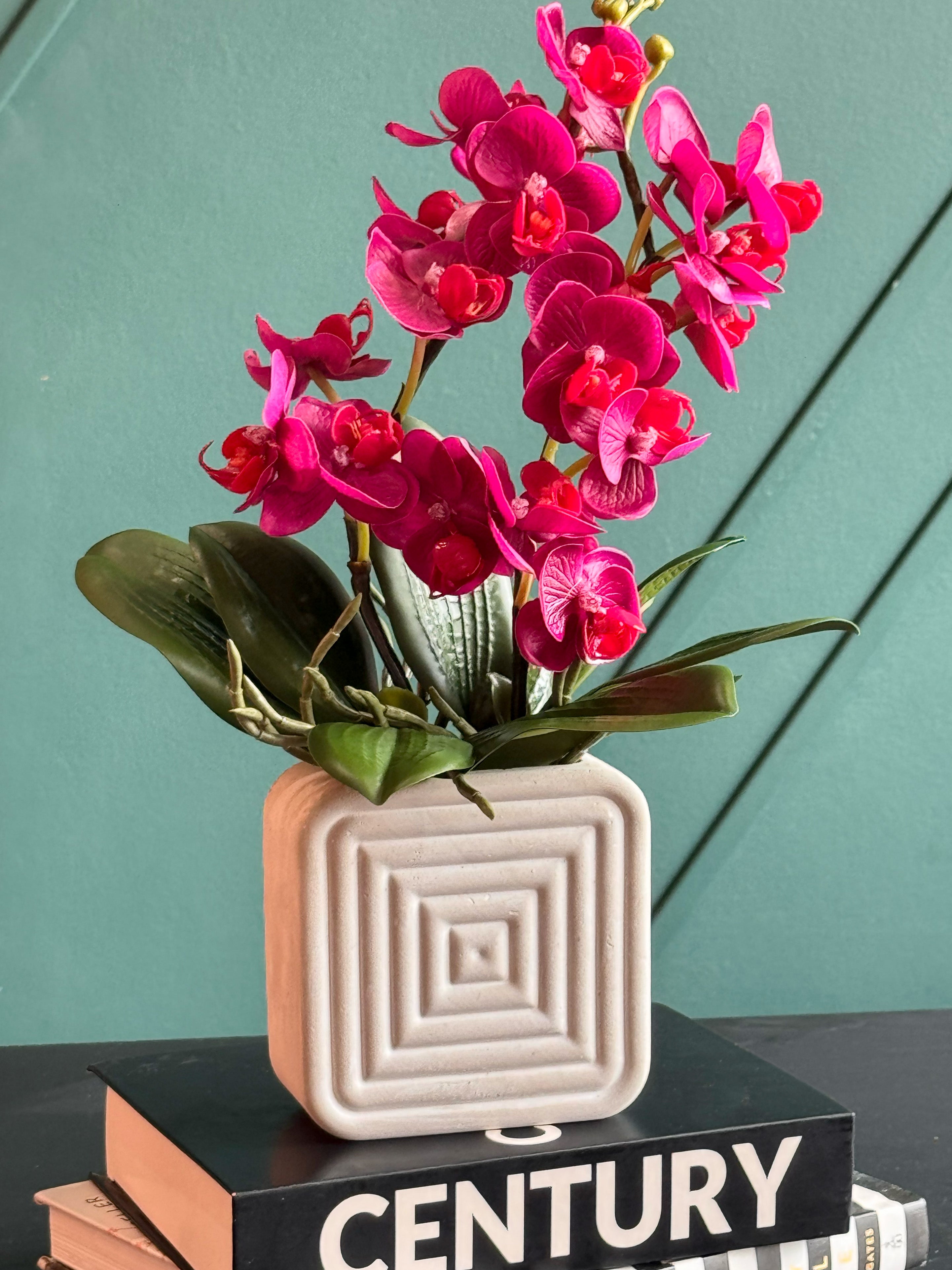 Artificial Fuchsia Orchid Arrangement in Modern Concrete Planter