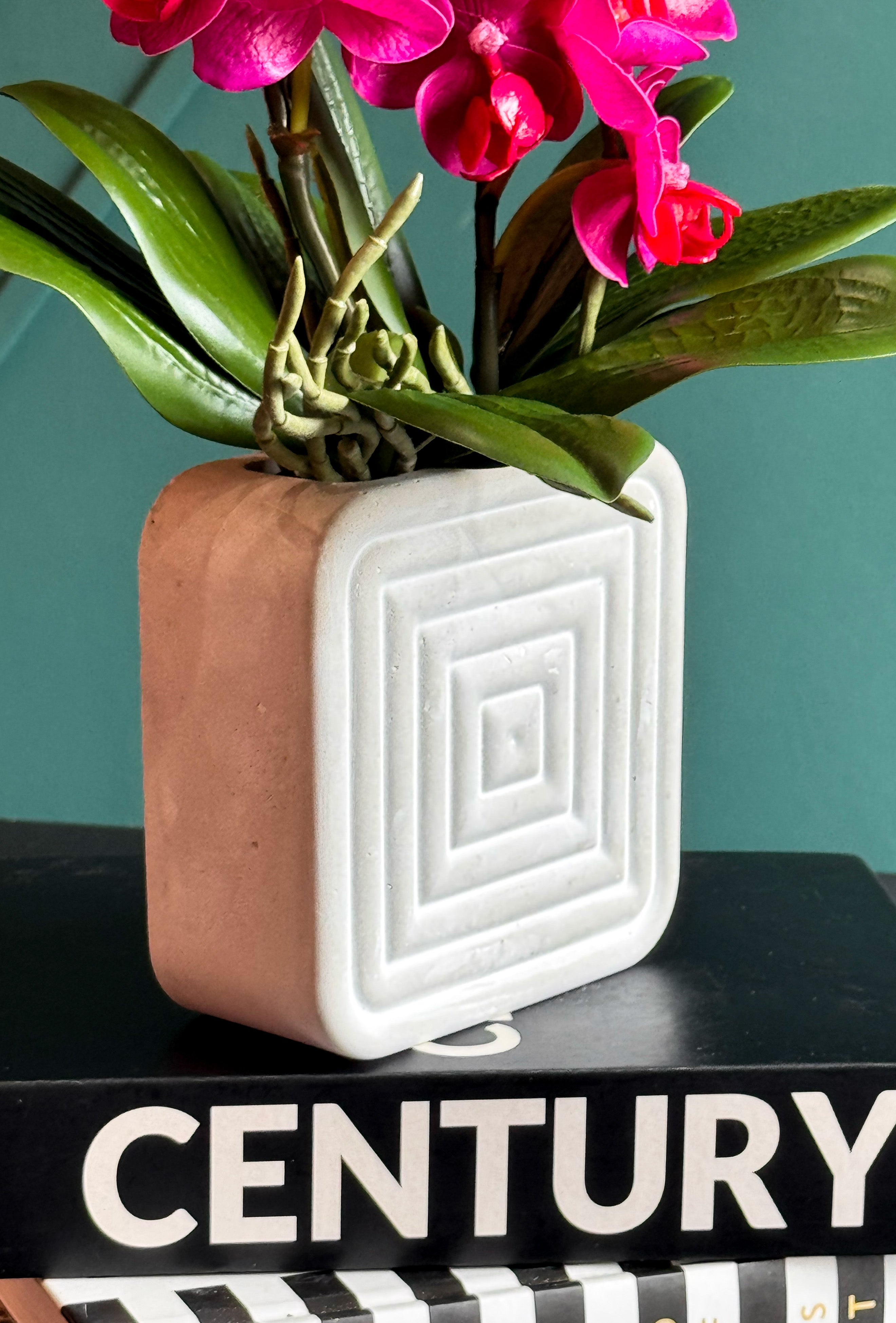 Artificial Fuchsia Orchid Arrangement in Modern Concrete Planter