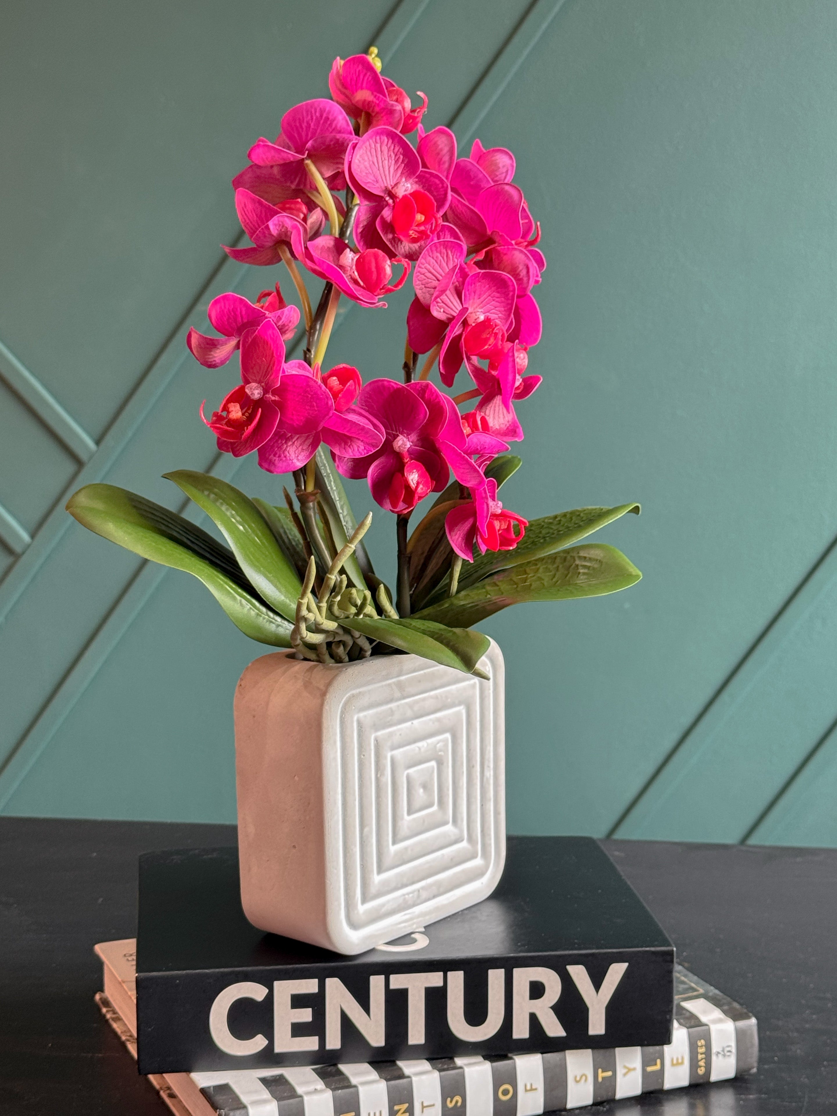 Artificial Fuchsia Orchid Arrangement in Modern Concrete Planter