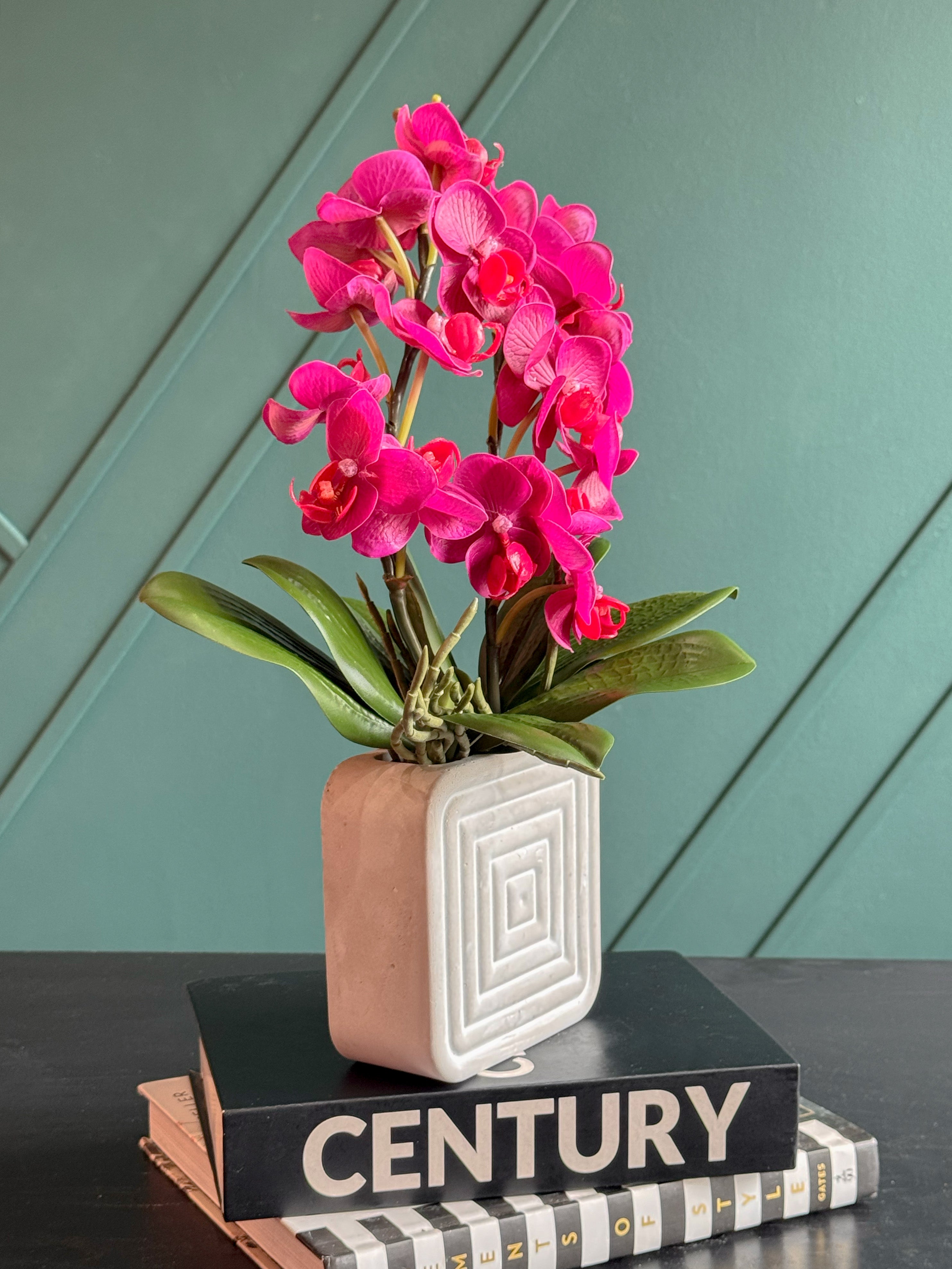 Artificial Fuchsia Orchid Arrangement in Modern Concrete Planter