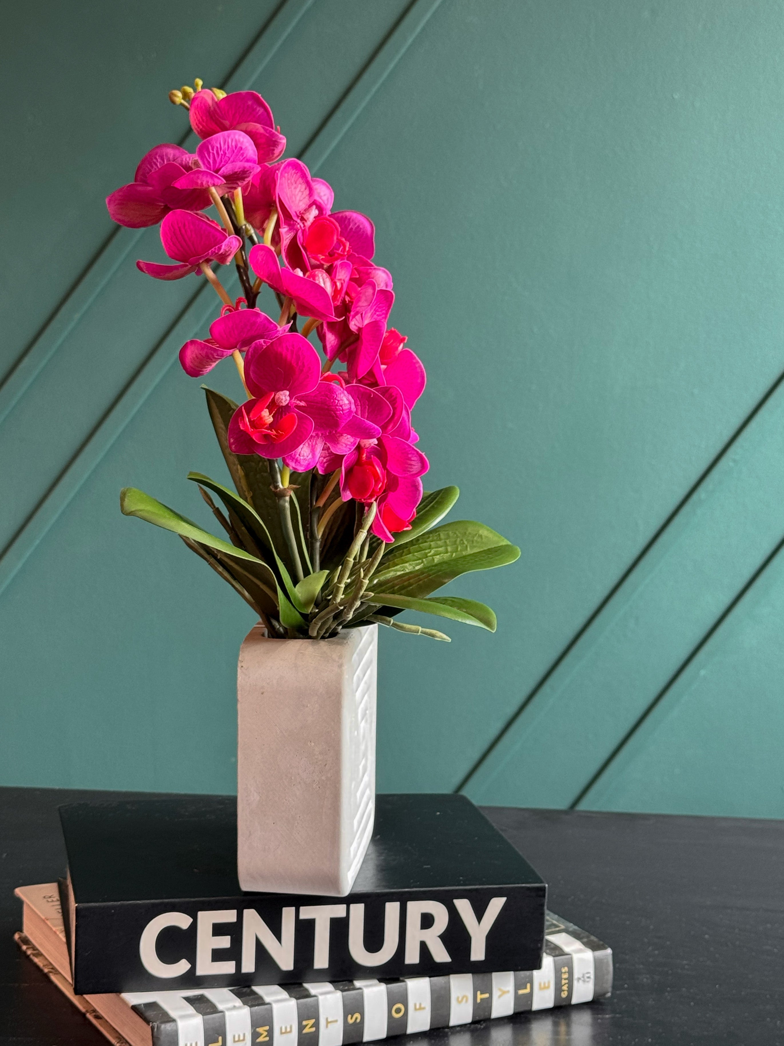 Artificial Fuchsia Orchid Arrangement in Modern Concrete Planter