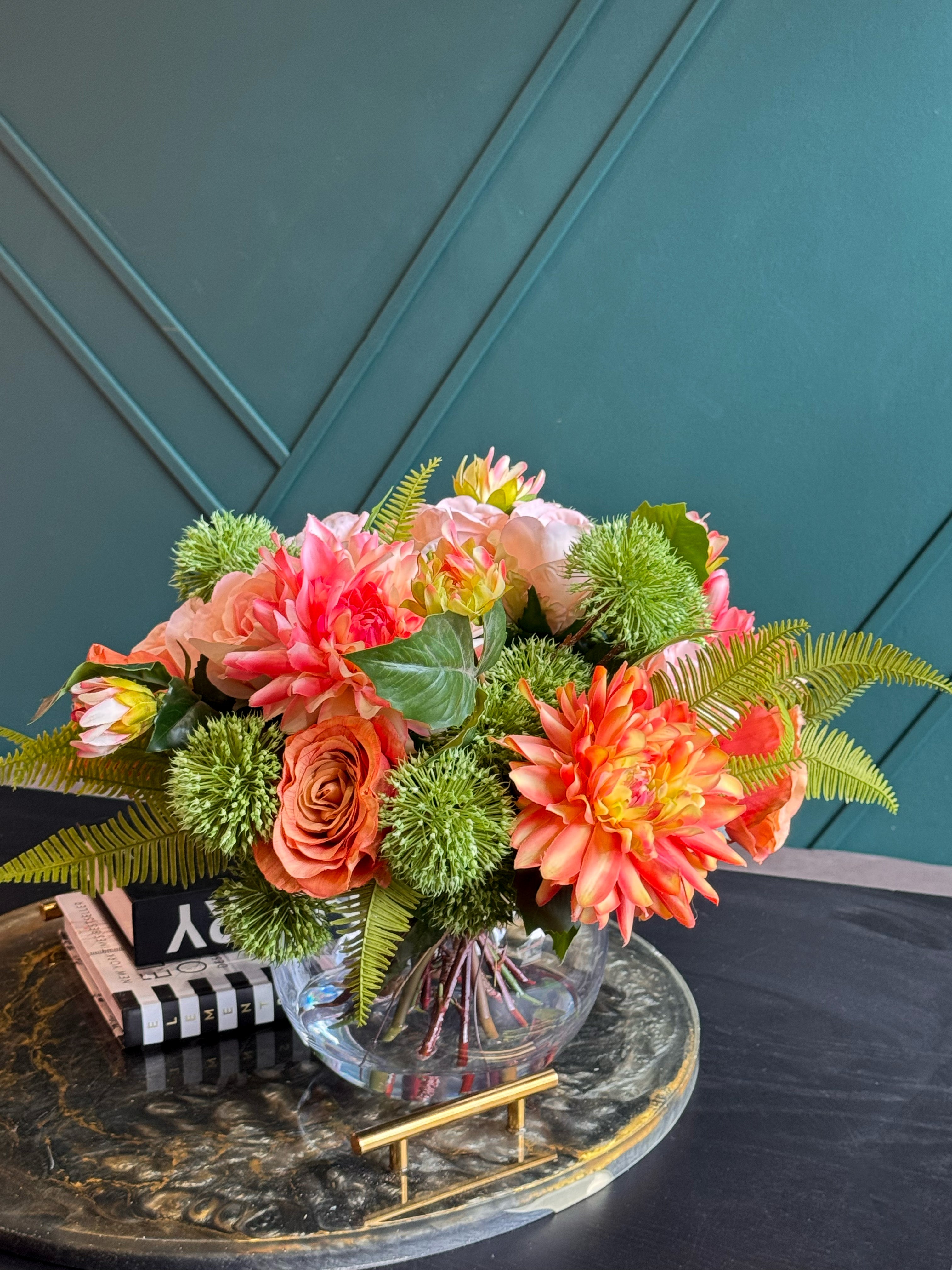Luxury Real Touch Pink & Coral Floral Arrangement in Glass Vase | Faux Flowers Centerpiece