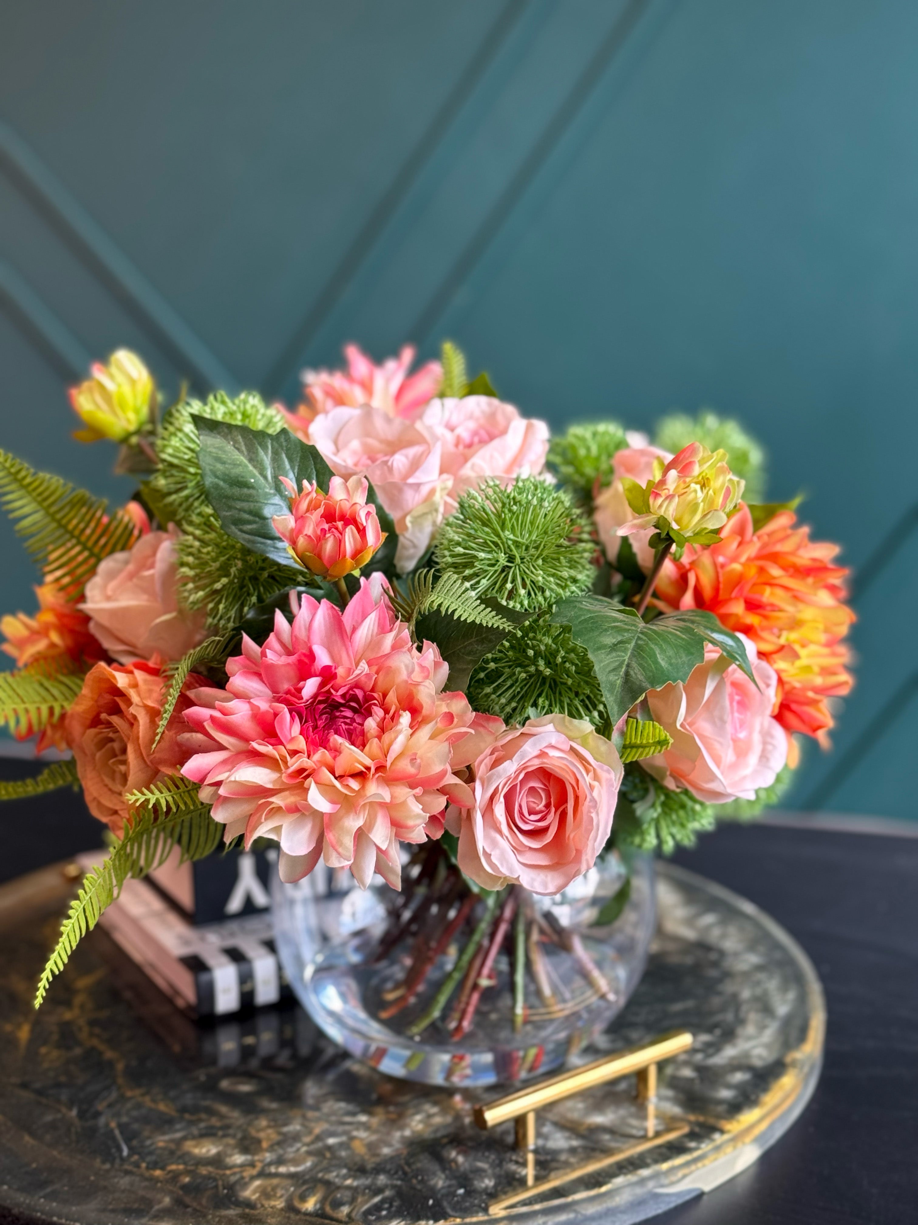 Luxury Real Touch Pink & Coral Floral Arrangement in Glass Vase | Faux Flowers Centerpiece