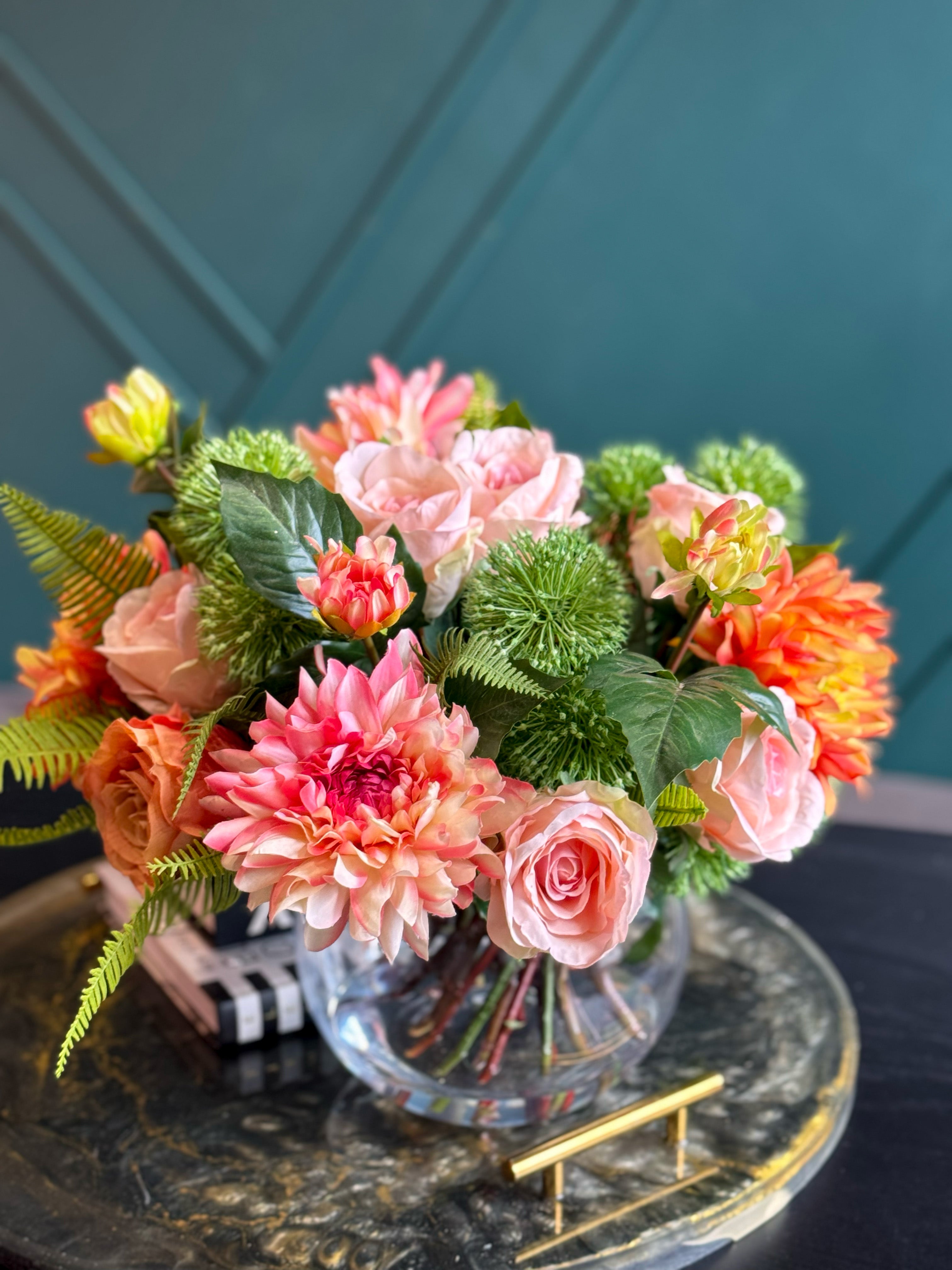 Luxury Real Touch Pink & Coral Floral Arrangement in Glass Vase | Faux Flowers Centerpiece