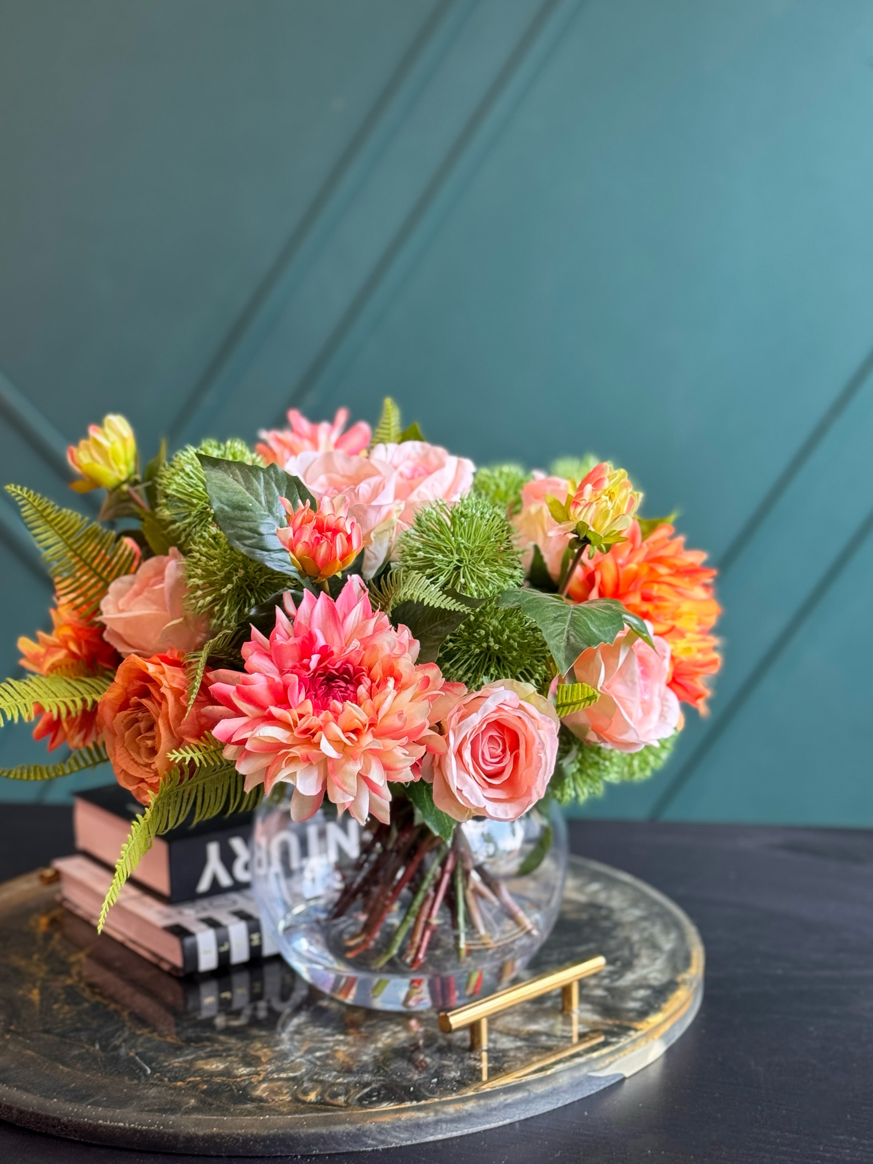 Luxury Real Touch Pink & Coral Floral Arrangement in Glass Vase | Faux Flowers Centerpiece