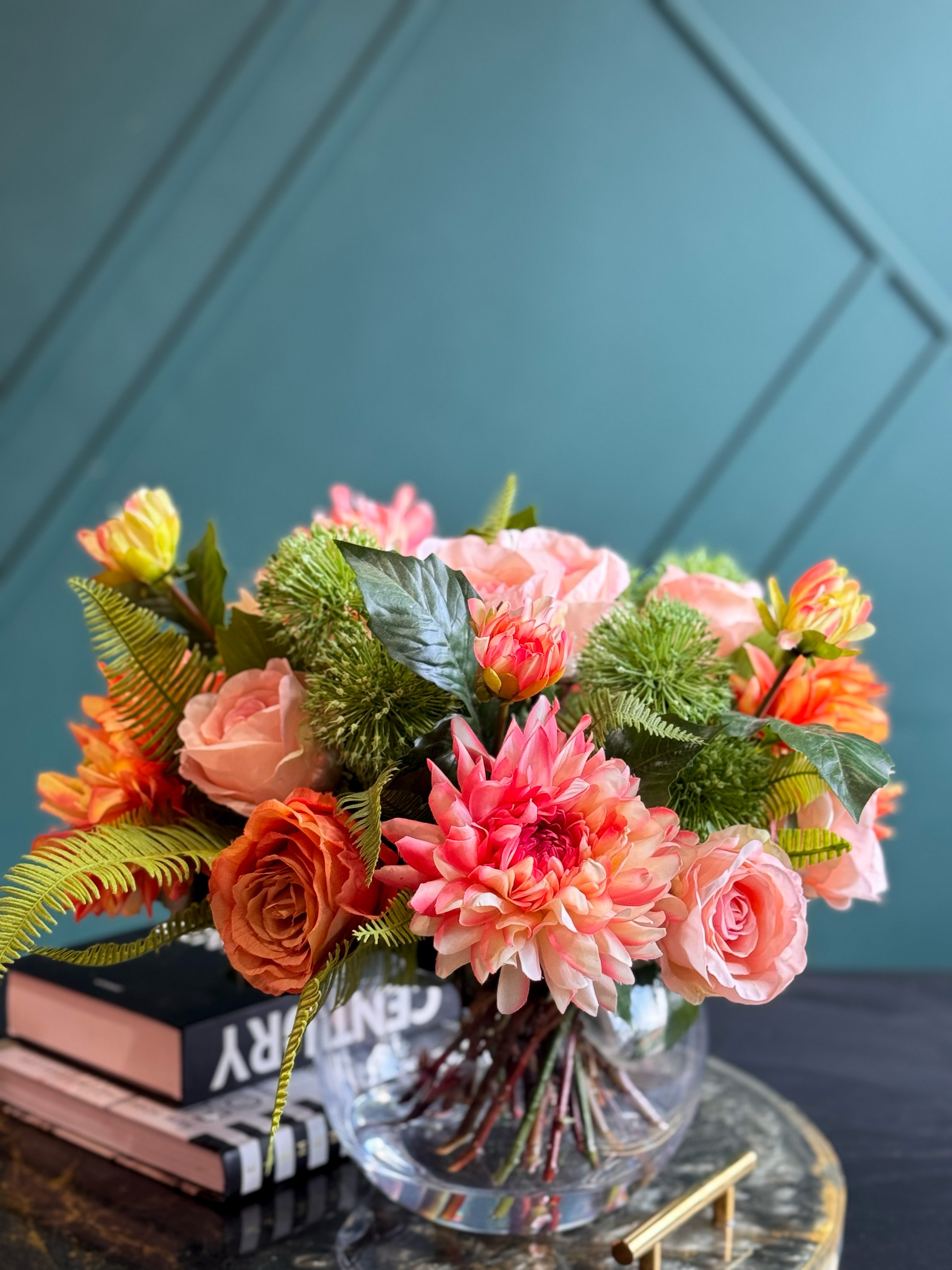 Luxury Real Touch Pink & Coral Floral Arrangement in Glass Vase | Faux Flowers Centerpiece