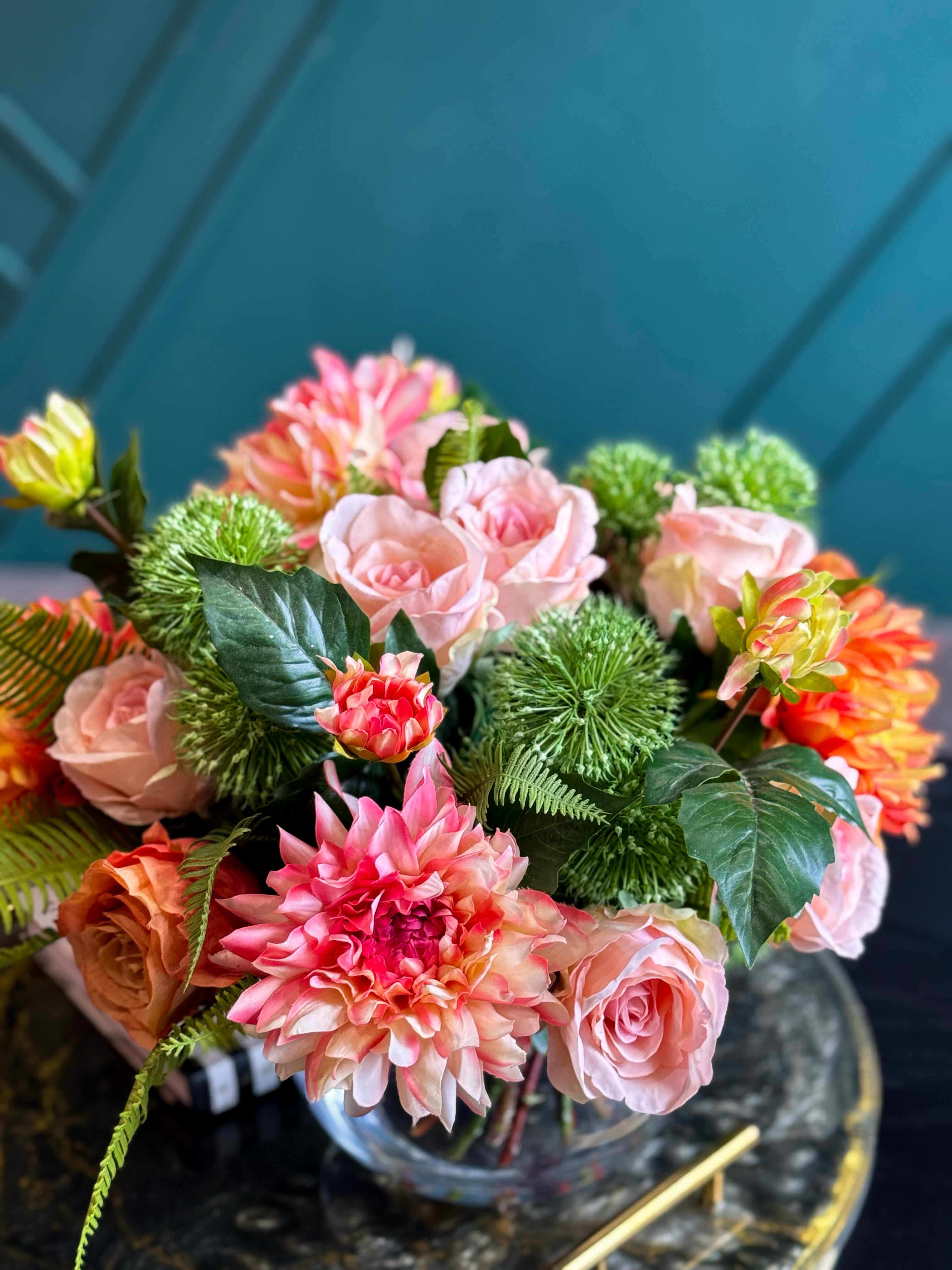 Luxury Real Touch Pink & Coral Floral Arrangement in Glass Vase | Faux Flowers Centerpiece