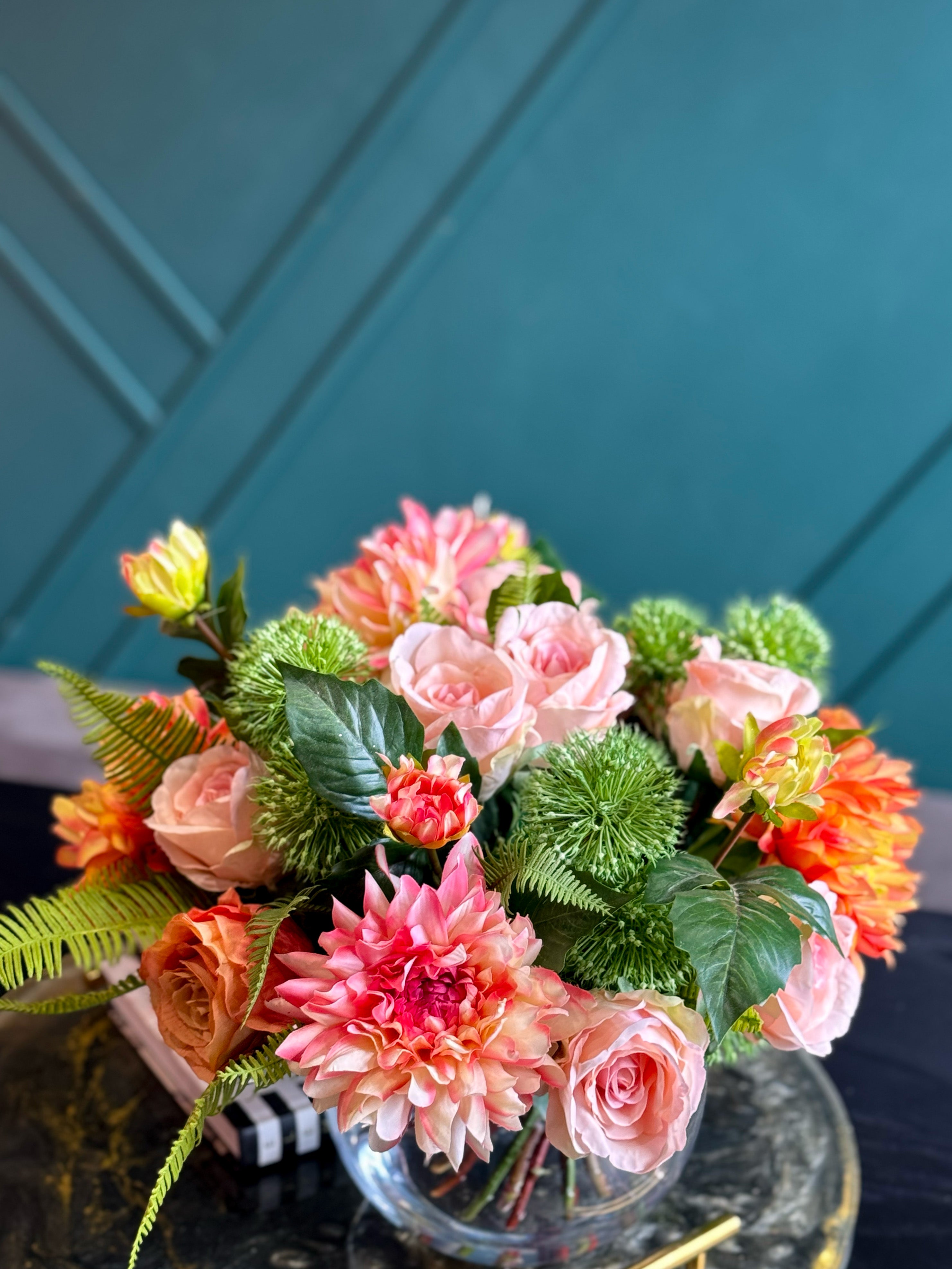 Luxury Real Touch Pink & Coral Floral Arrangement in Glass Vase | Faux Flowers Centerpiece