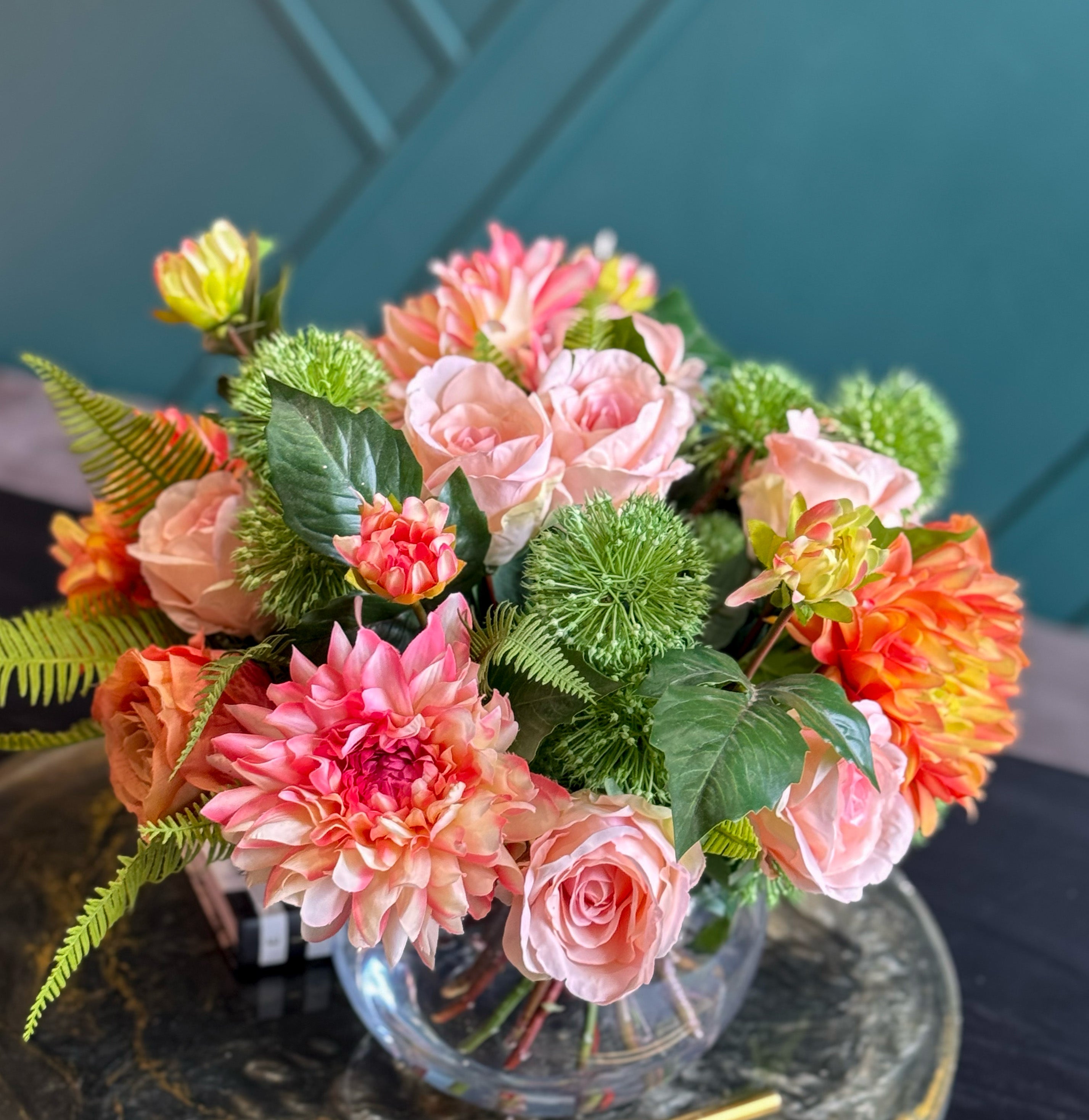 Luxury Real Touch Pink & Coral Floral Arrangement in Glass Vase | Faux Flowers Centerpiece