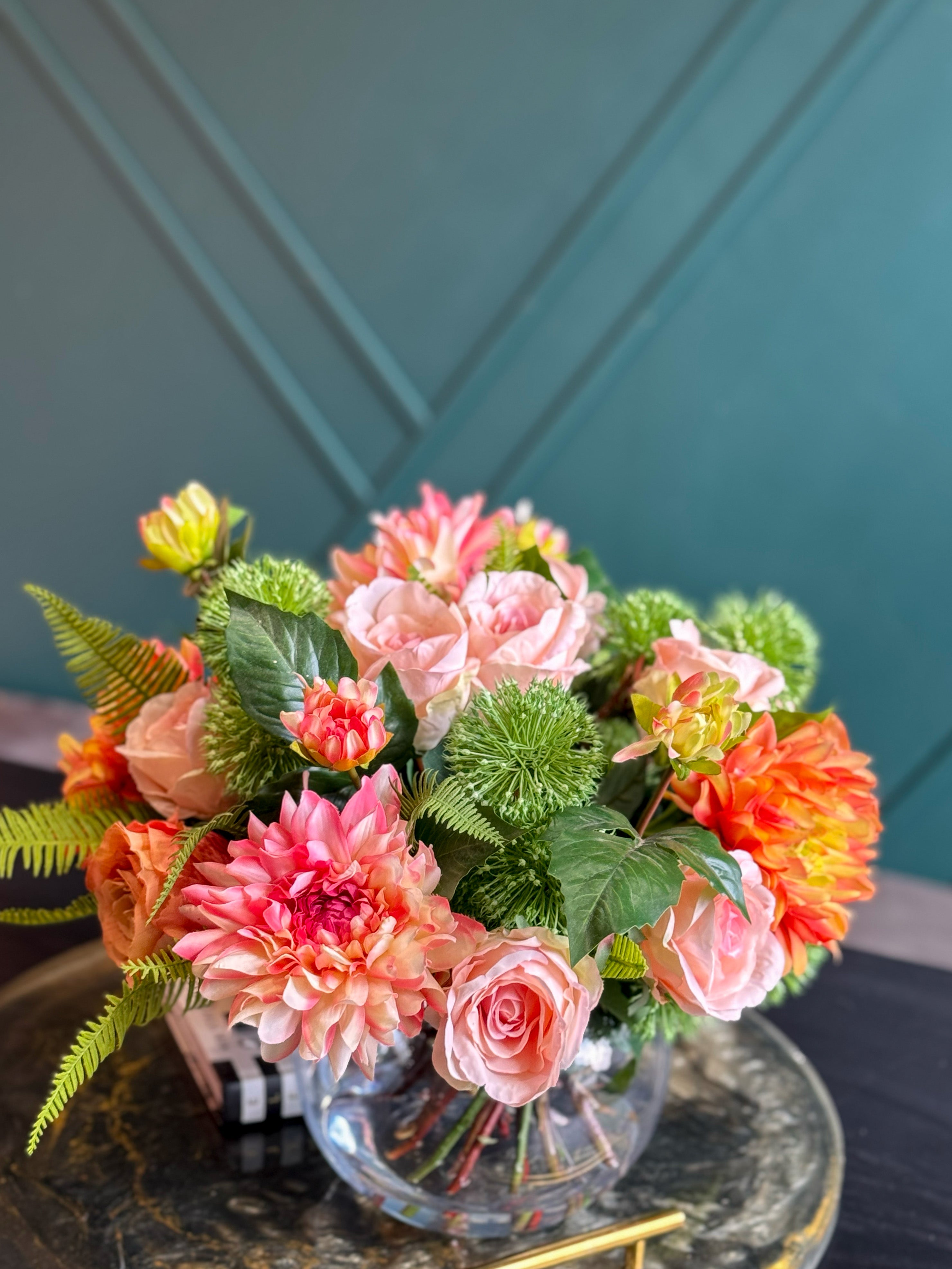 Luxury Real Touch Pink & Coral Floral Arrangement in Glass Vase | Faux Flowers Centerpiece