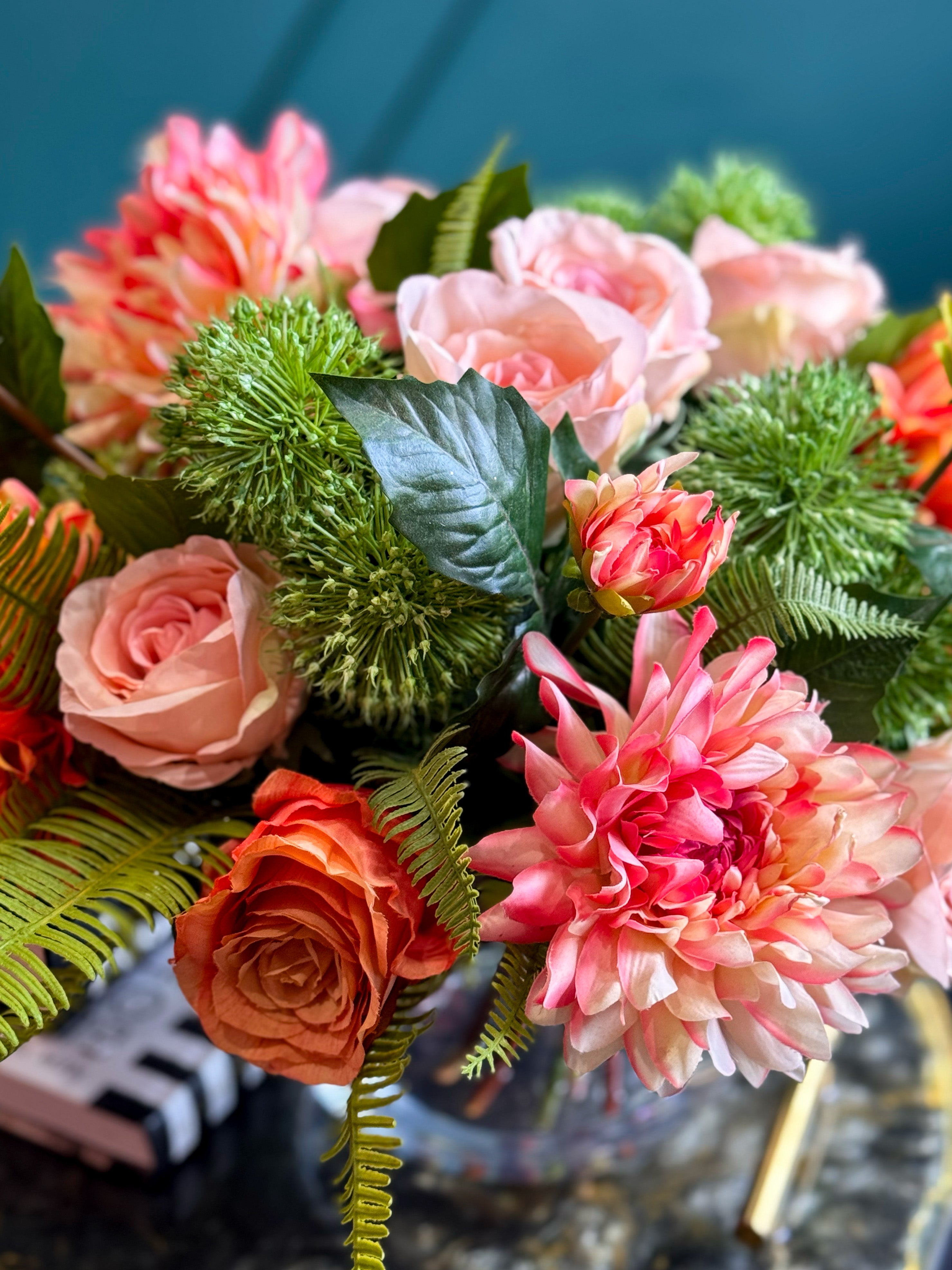 Luxury Real Touch Pink & Coral Floral Arrangement in Glass Vase | Faux Flowers Centerpiece