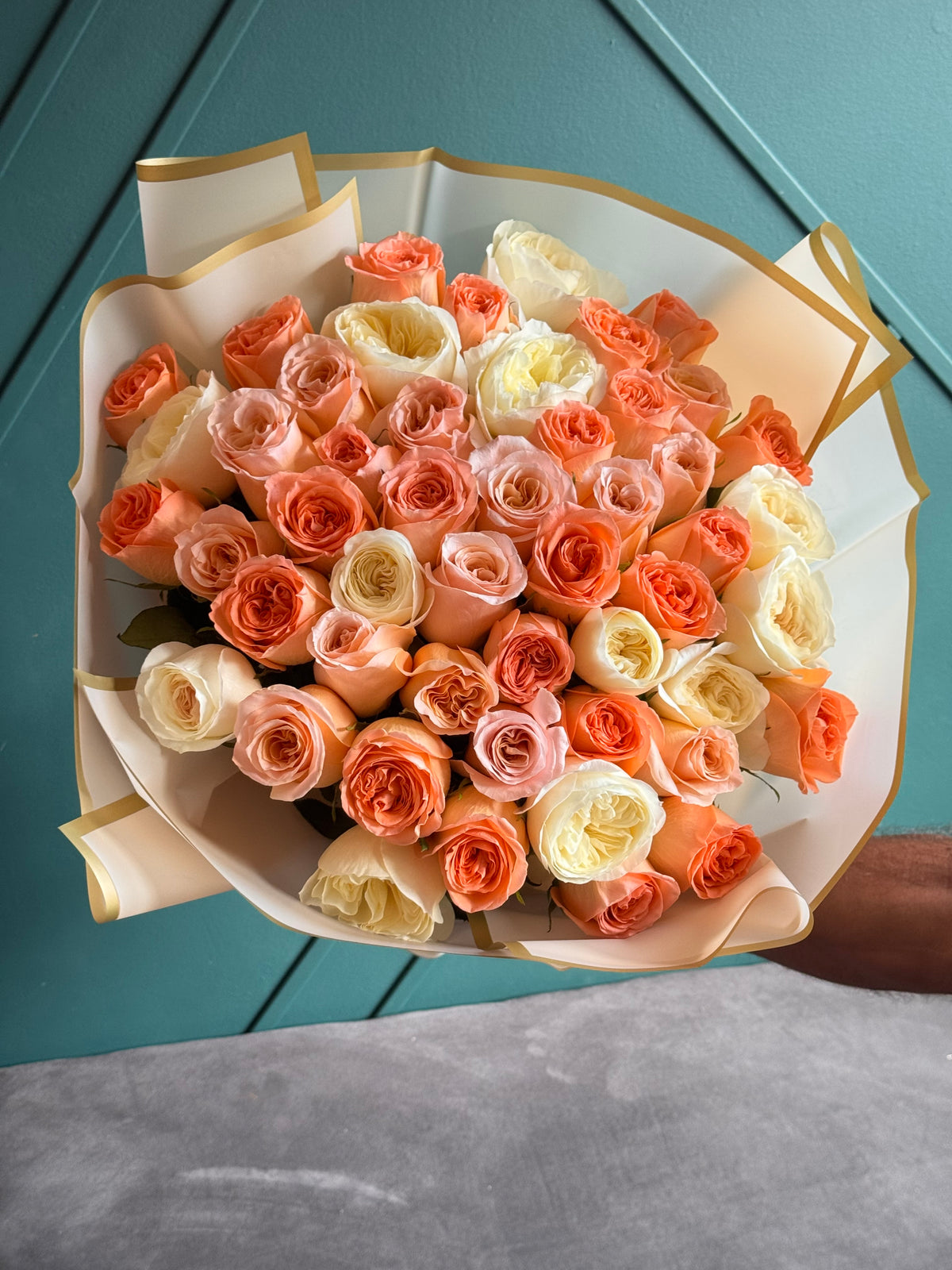 50 Roses Bouquet – Peach, Cream & White Garden Roses