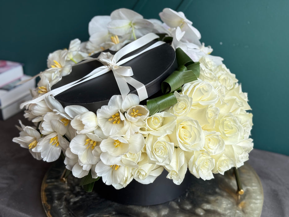 Roses,Tulips and Orchids | Flower Arrangement in a  box