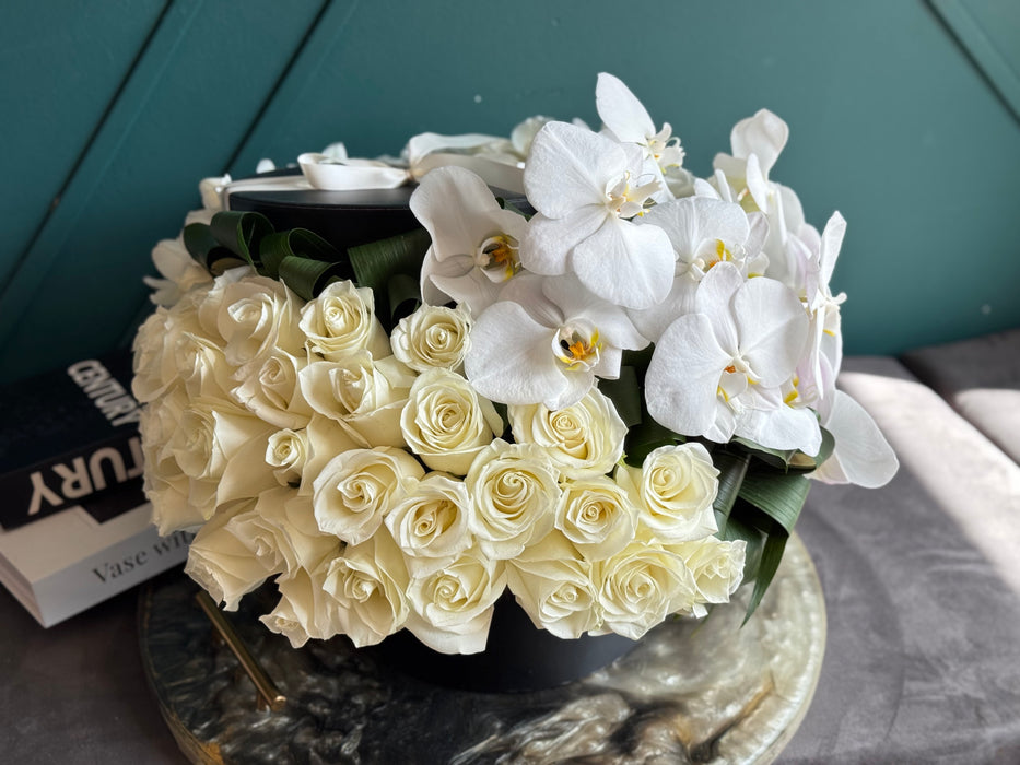 Roses,Tulips and Orchids | Flower Arrangement in a  box